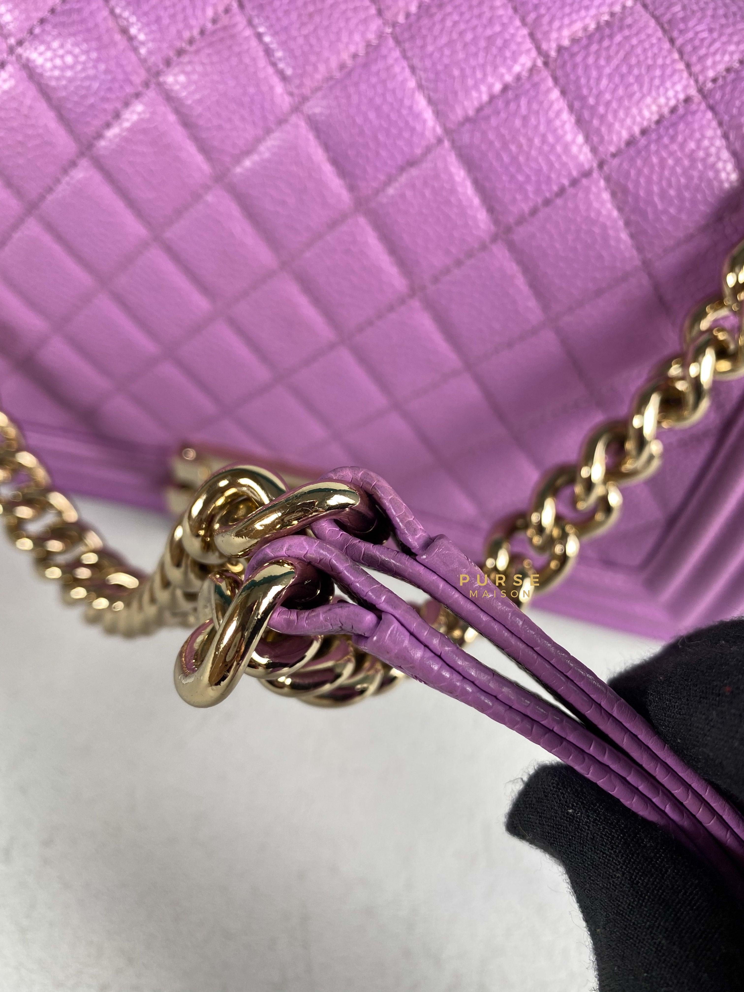Chanel Boy Old Medium in Purple Caviar Leather and Light Gold Hardware (Series 29) | Purse Maison Luxury Bags Shop