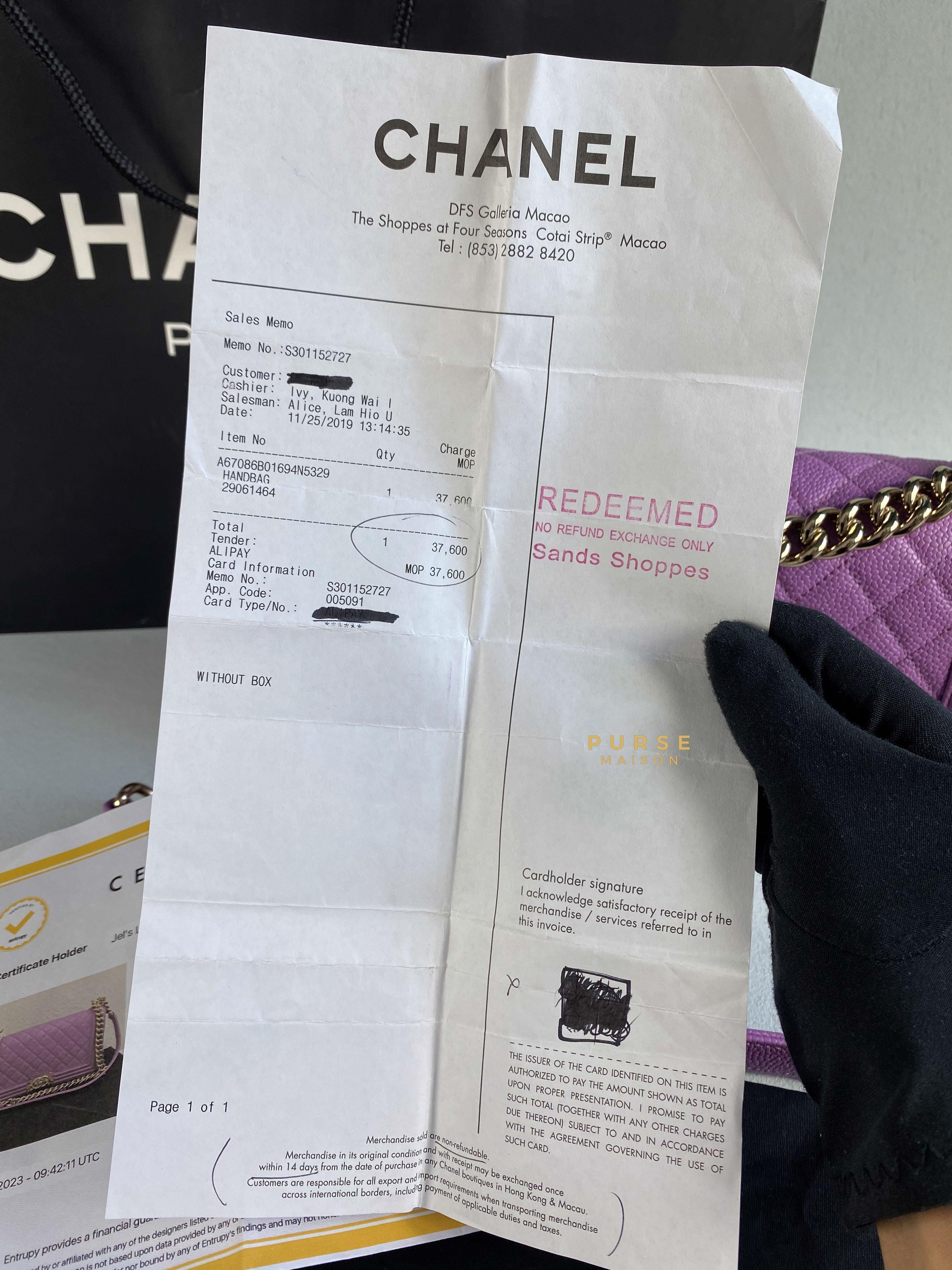 Chanel Boy Old Medium in Purple Caviar Leather and Light Gold Hardware (Series 29) | Purse Maison Luxury Bags Shop