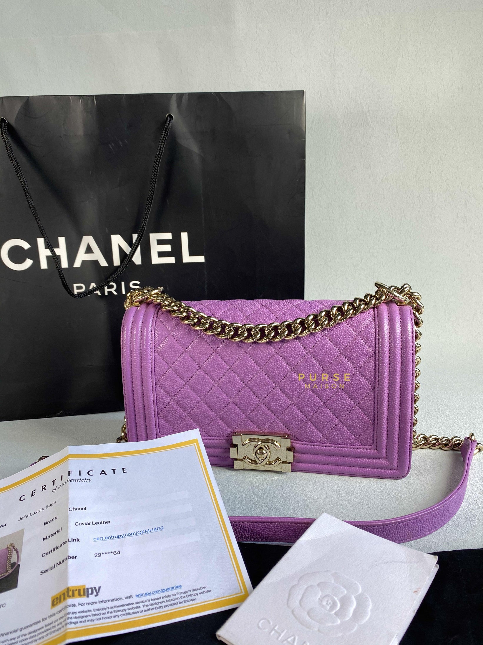Chanel Boy Old Medium in Purple Caviar Leather and Light Gold Hardware (Series 29) | Purse Maison Luxury Bags Shop