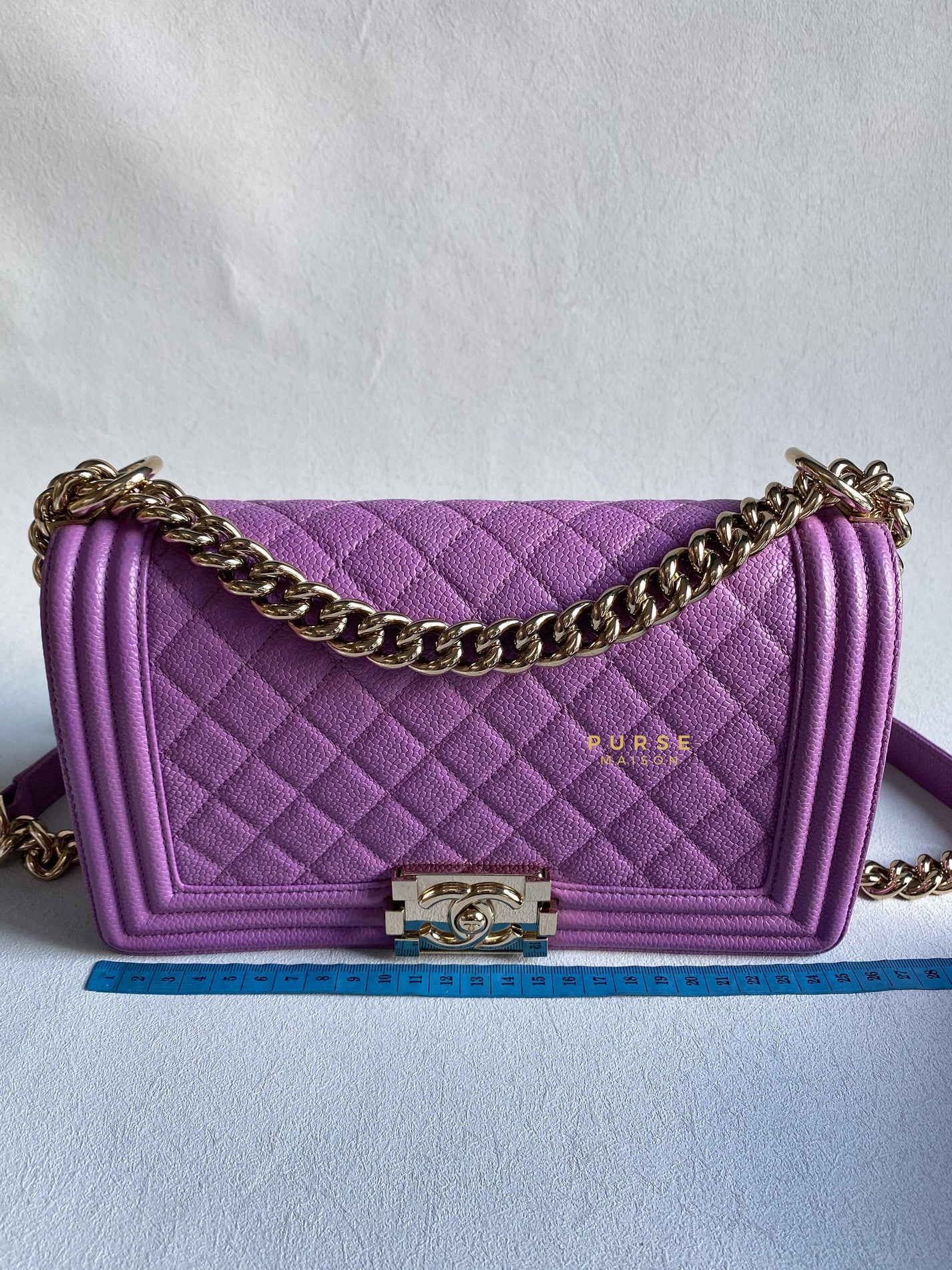 Chanel Boy Old Medium in Purple Caviar Leather and Light Gold Hardware (Series 29) | Purse Maison Luxury Bags Shop