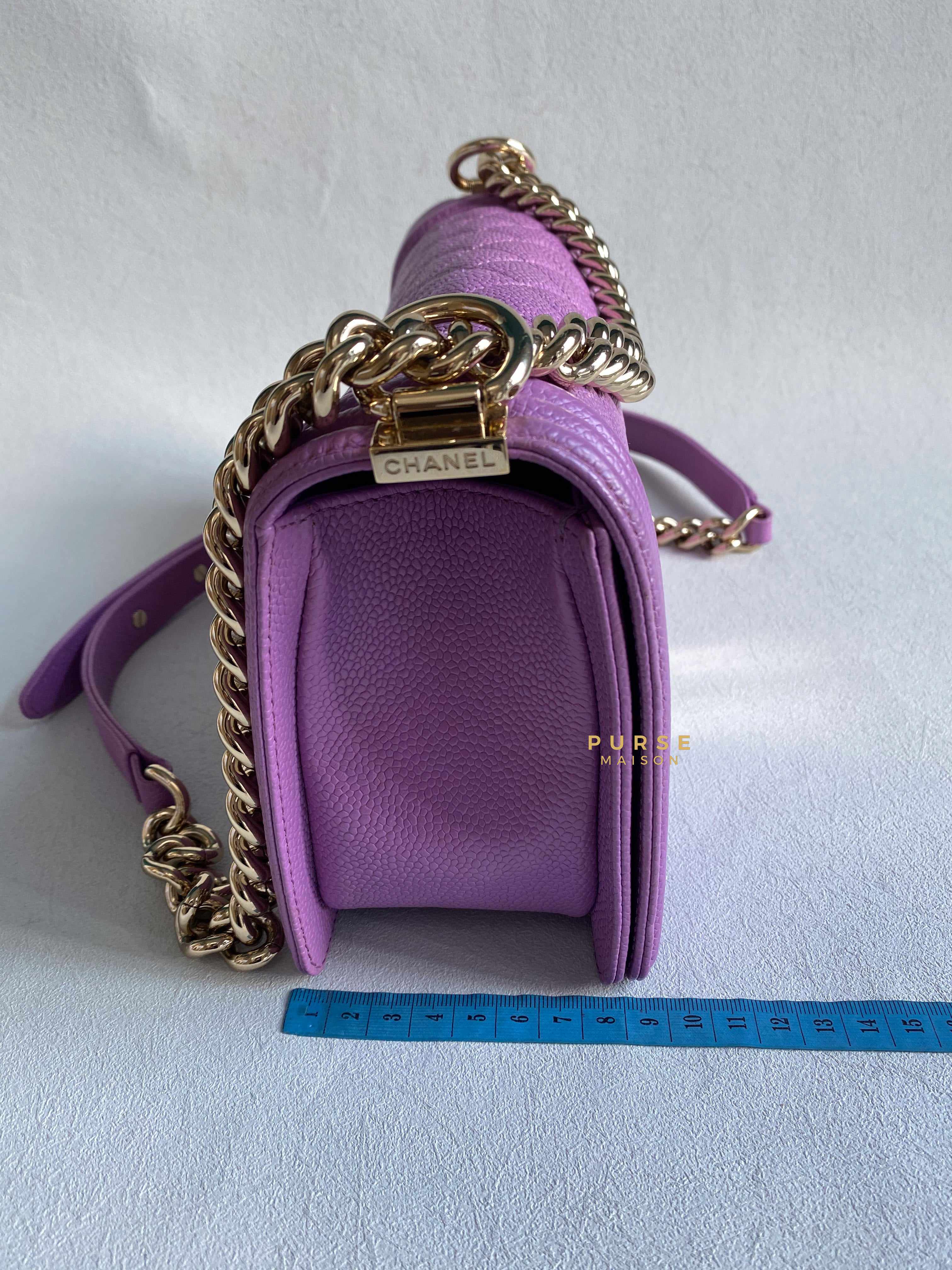 Chanel Boy Old Medium in Purple Caviar Leather and Light Gold Hardware (Series 29) | Purse Maison Luxury Bags Shop