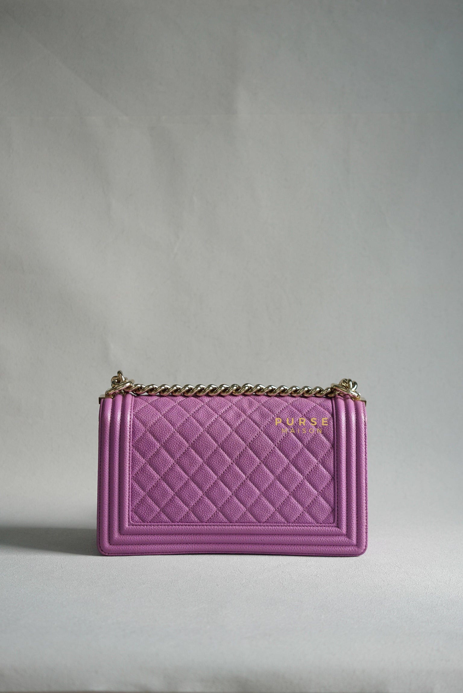 Chanel Boy Old Medium in Purple Caviar Leather and Light Gold Hardware (Series 29) | Purse Maison Luxury Bags Shop