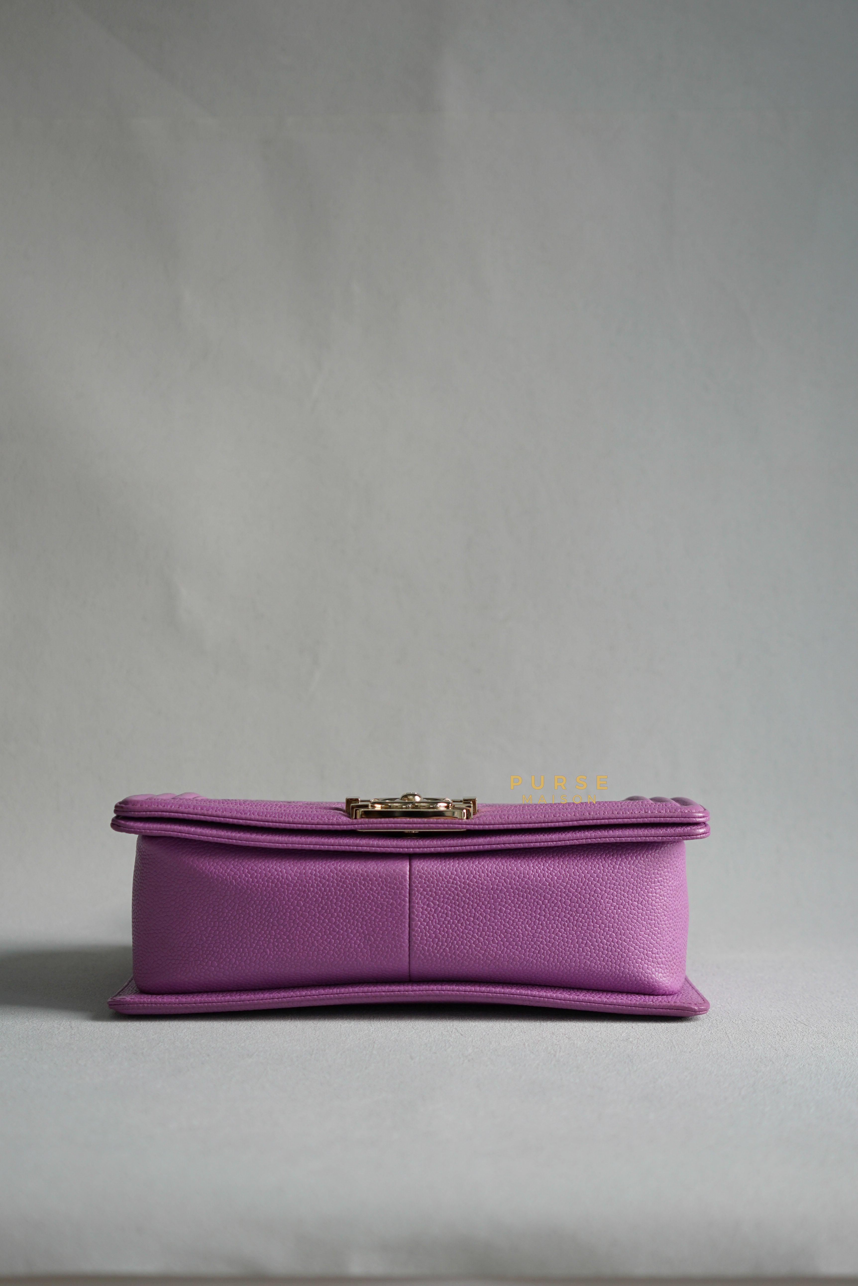 Chanel Boy Old Medium in Purple Caviar Leather and Light Gold Hardware (Series 29) | Purse Maison Luxury Bags Shop