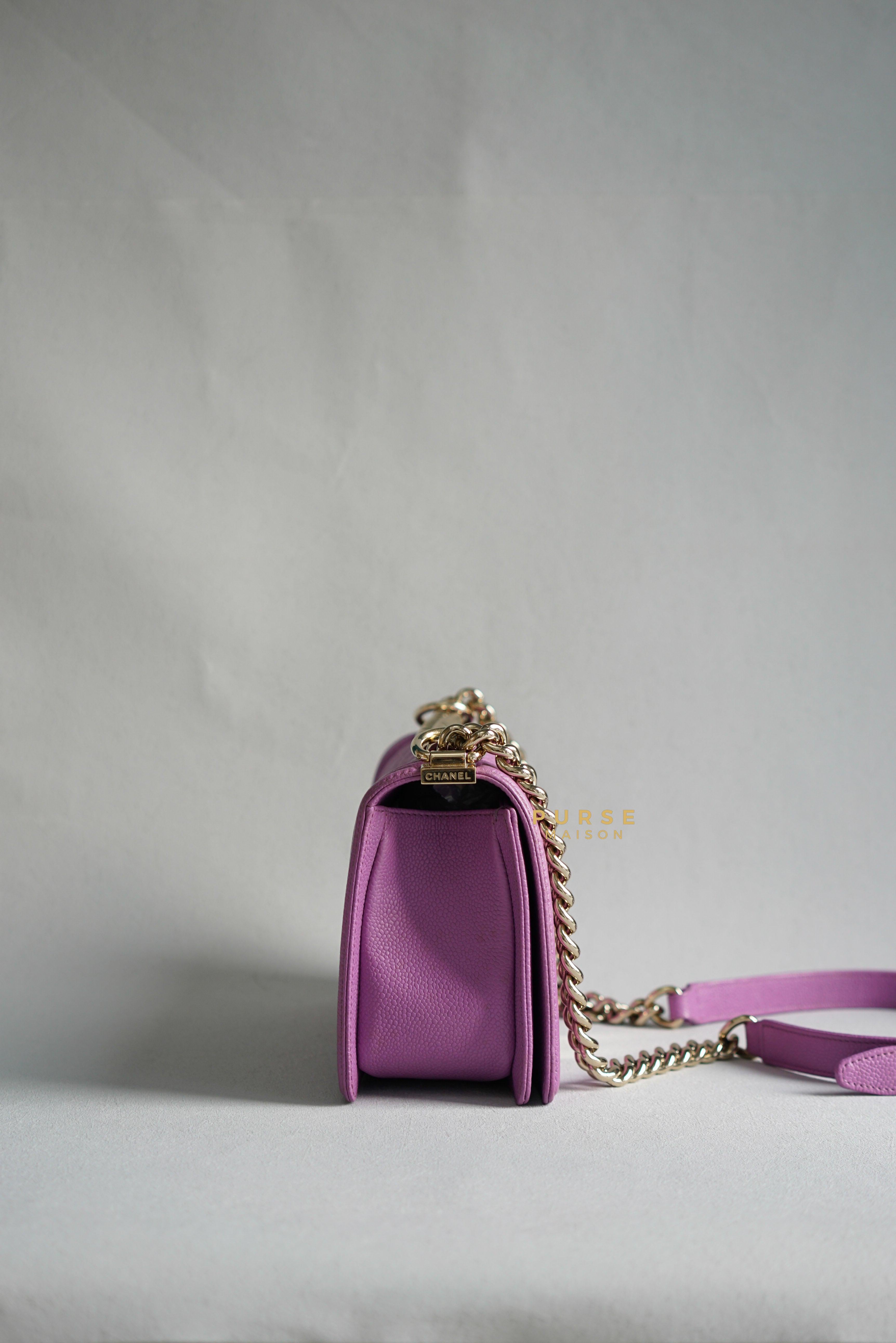 Chanel Boy Old Medium in Purple Caviar Leather and Light Gold Hardware (Series 29) | Purse Maison Luxury Bags Shop