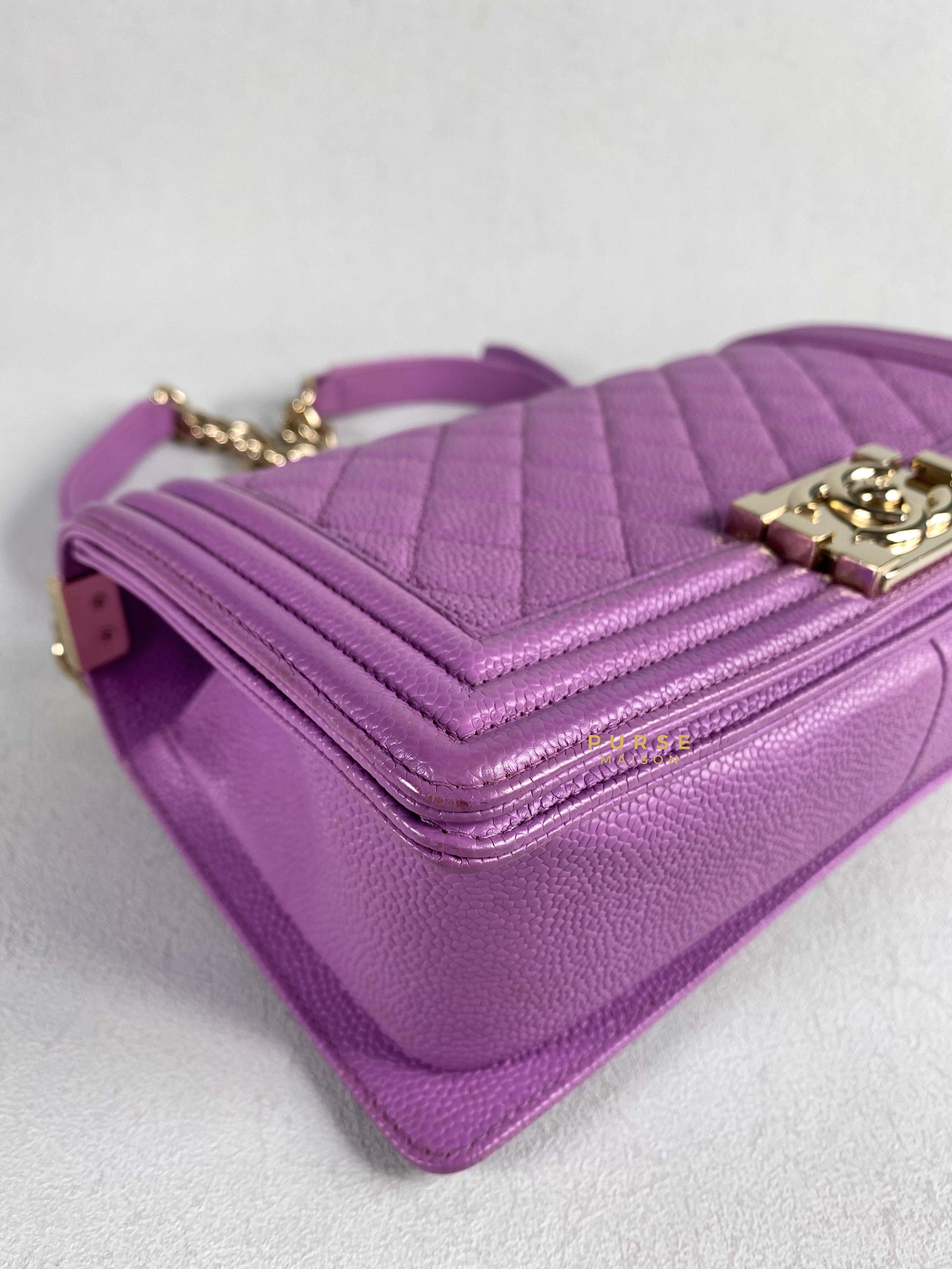 Chanel Boy Old Medium in Purple Caviar Leather and Light Gold Hardware (Series 29) | Purse Maison Luxury Bags Shop