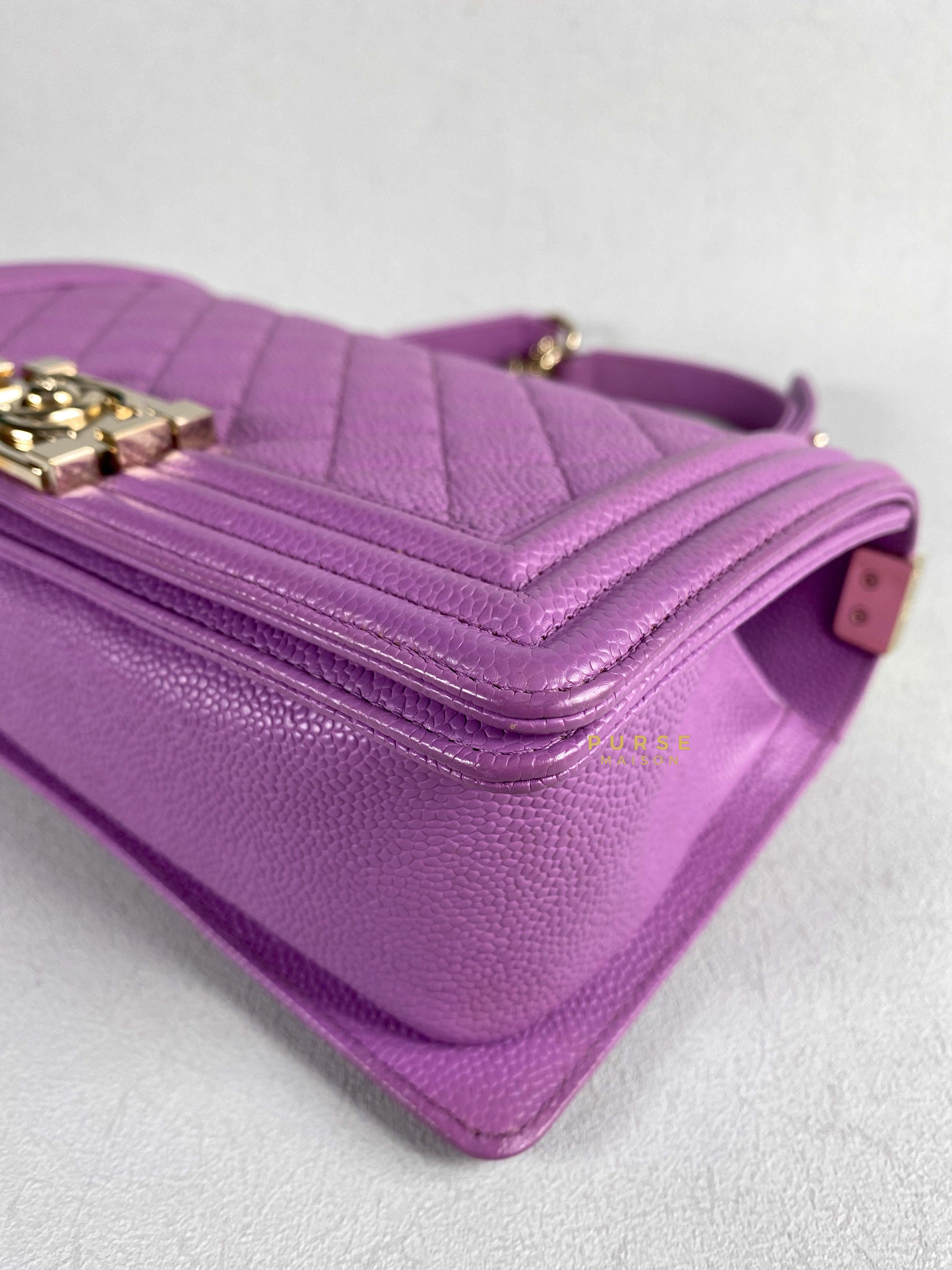 Chanel Boy Old Medium in Purple Caviar Leather and Light Gold Hardware (Series 29) | Purse Maison Luxury Bags Shop
