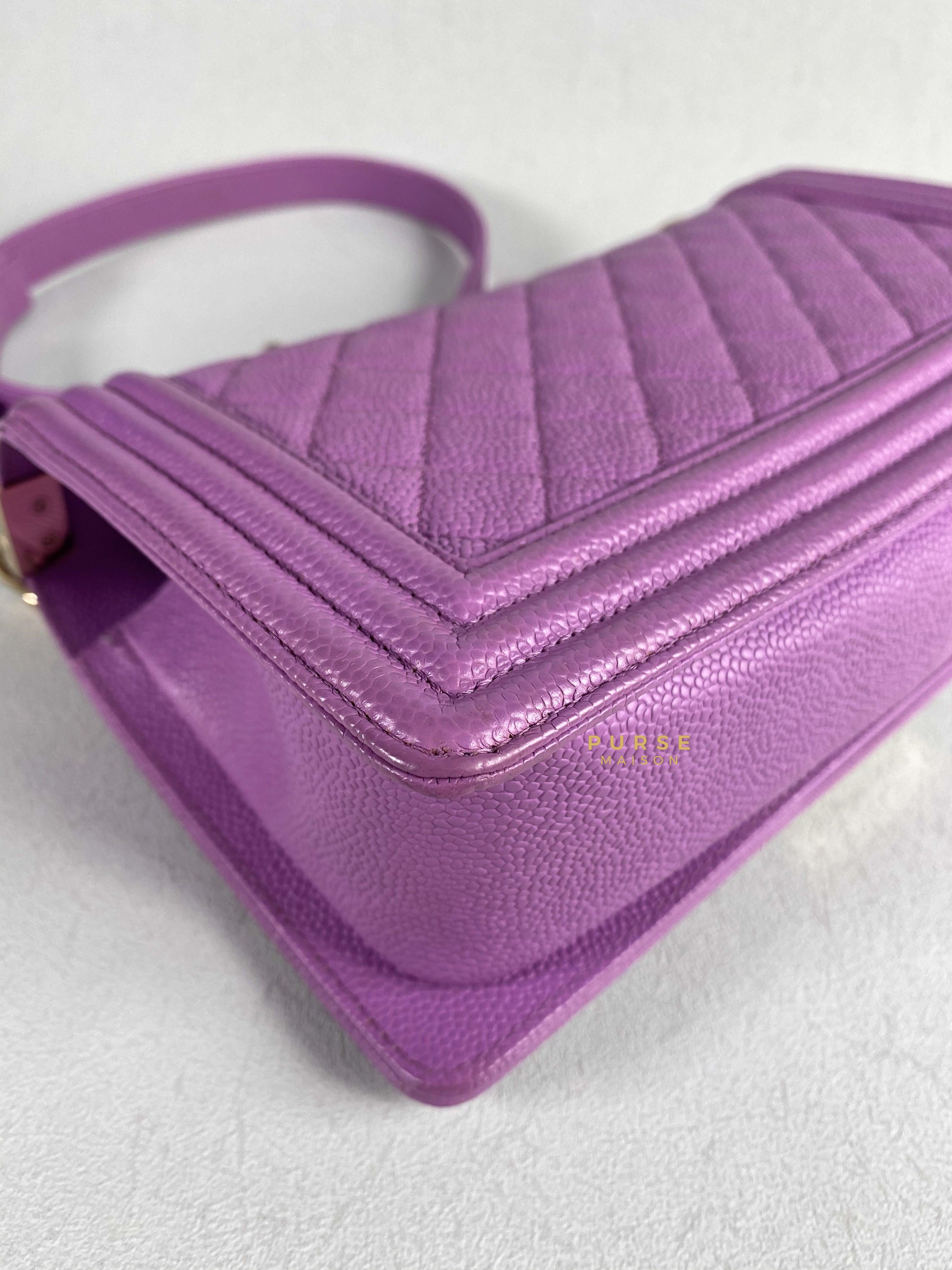 Chanel Boy Old Medium in Purple Caviar Leather and Light Gold Hardware (Series 29) | Purse Maison Luxury Bags Shop