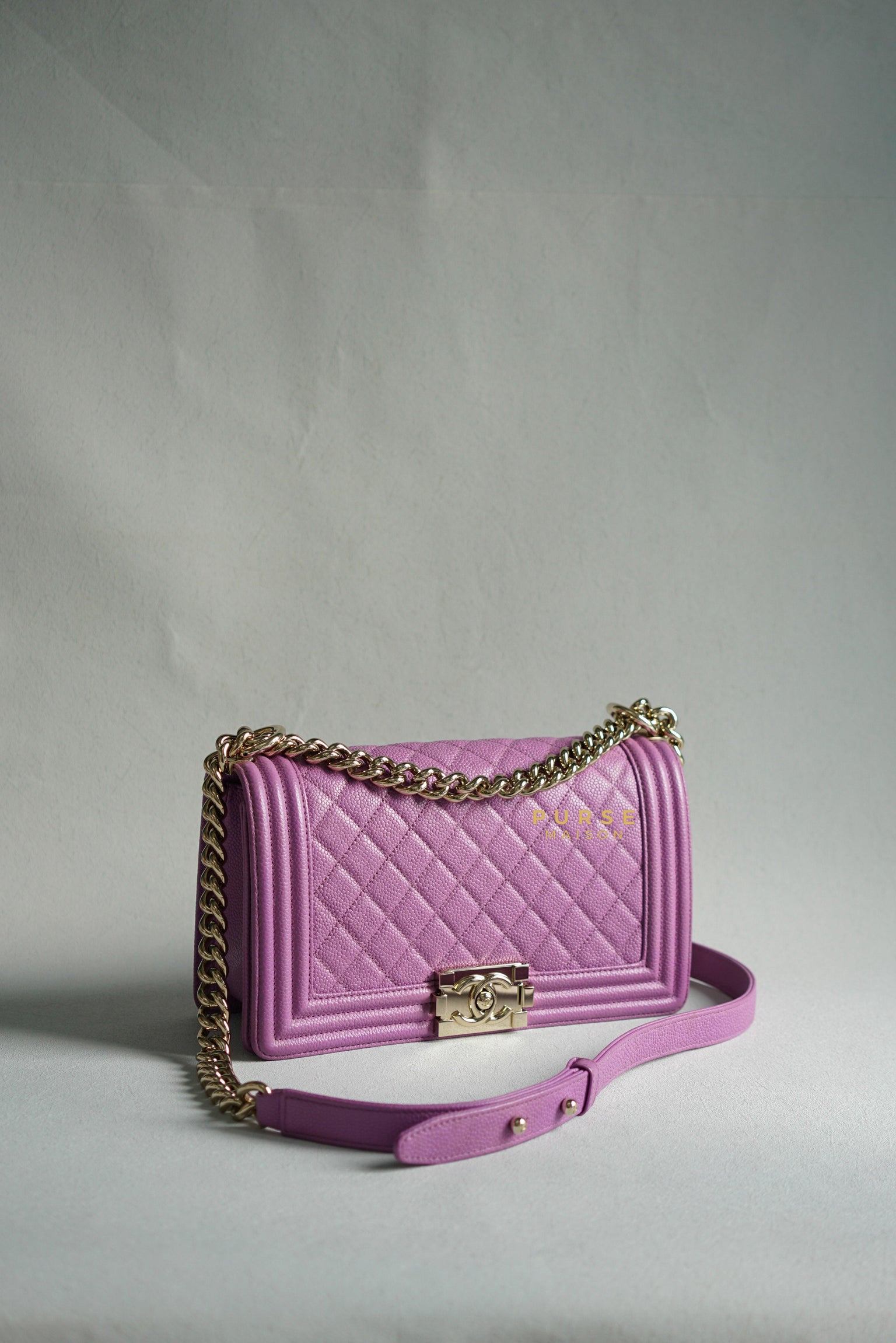 Chanel Boy Old Medium in Purple Caviar Leather and Light Gold Hardware (Series 29) | Purse Maison Luxury Bags Shop
