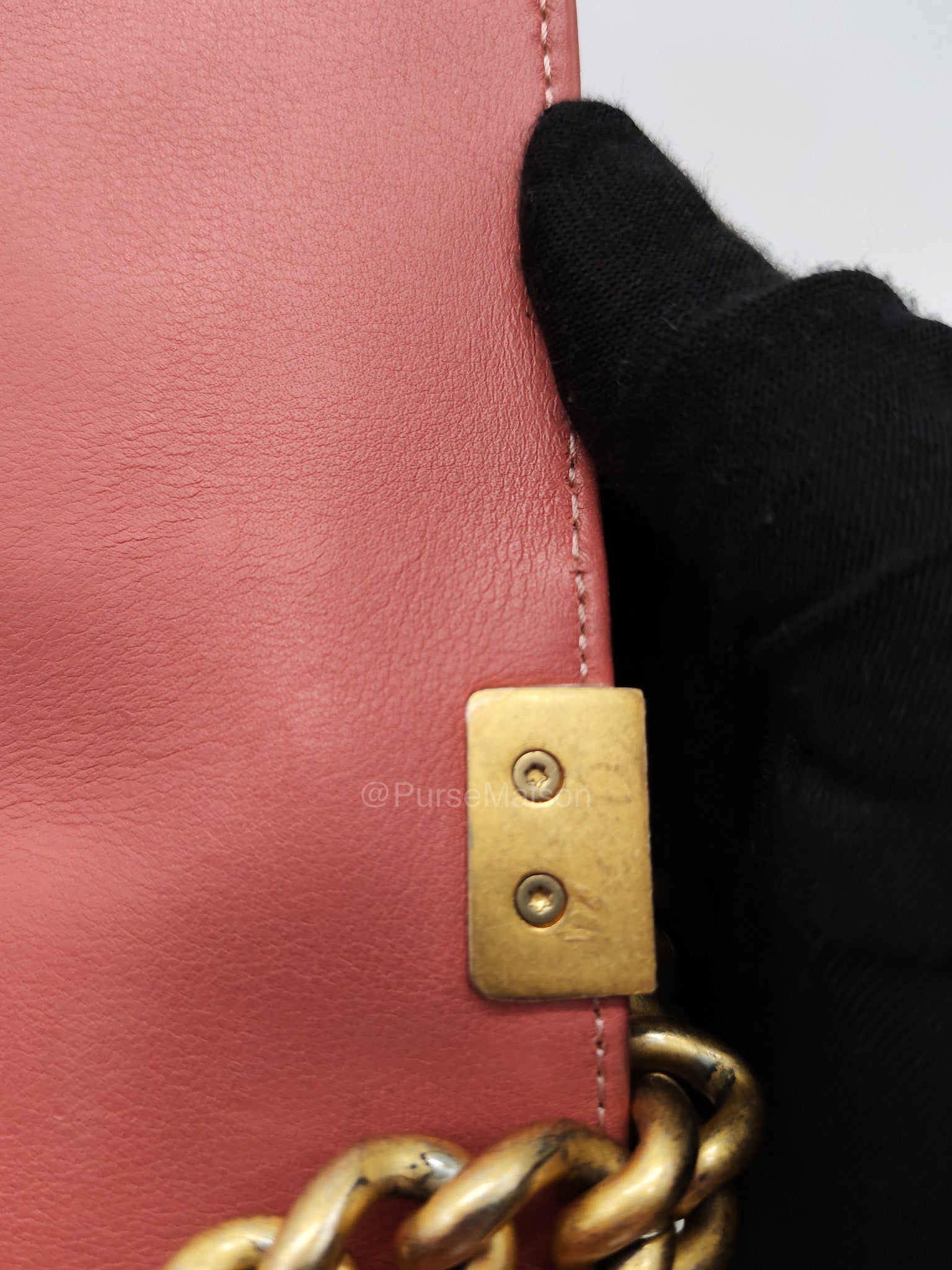 Chanel Boy Old Medium in Salmon Pink Chevron Calfskin Leather and Aged Gold Hardware Series 28 | Purse Maison Luxury Bags Shop