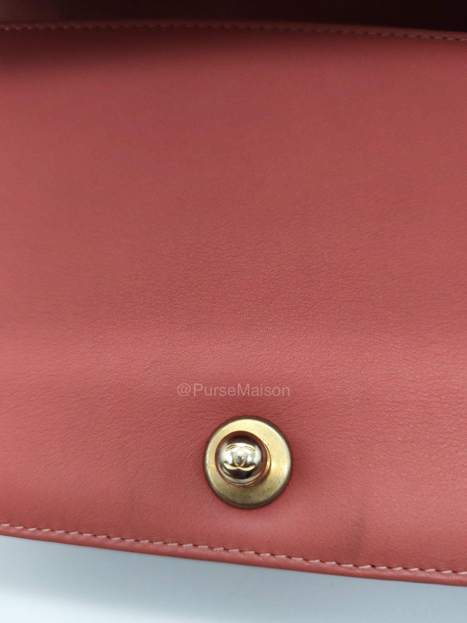 Chanel Boy Old Medium in Salmon Pink Chevron Calfskin Leather and Aged Gold Hardware Series 28 | Purse Maison Luxury Bags Shop
