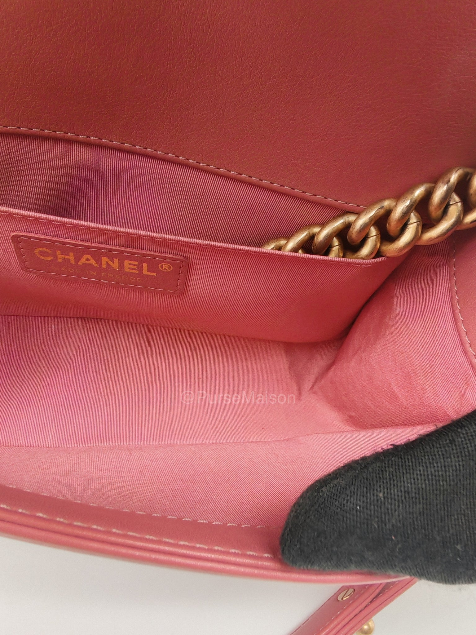 Chanel Boy Old Medium in Salmon Pink Chevron Calfskin Leather and Aged Gold Hardware Series 28 | Purse Maison Luxury Bags Shop