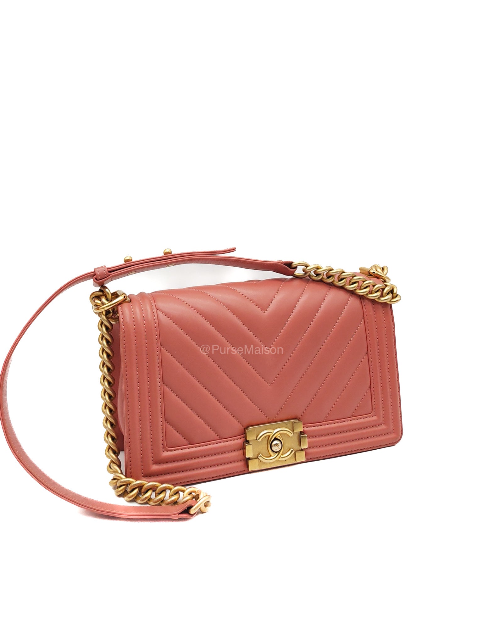 Chanel Boy Old Medium in Salmon Pink Chevron Calfskin Leather and Aged Gold Hardware Series 28 | Purse Maison Luxury Bags Shop