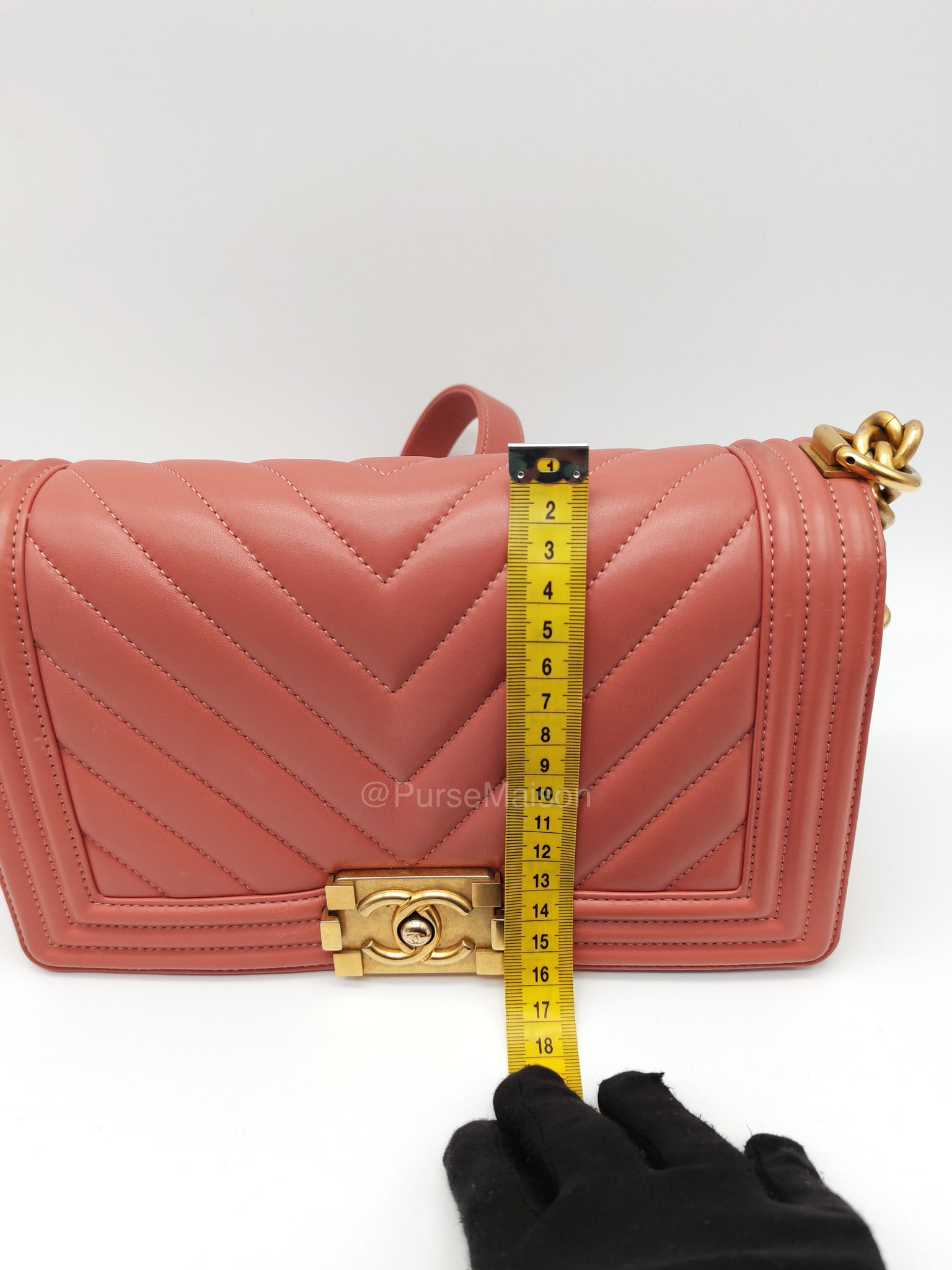 Chanel Boy Old Medium in Salmon Pink Chevron Calfskin Leather and Aged Gold Hardware Series 28 | Purse Maison Luxury Bags Shop