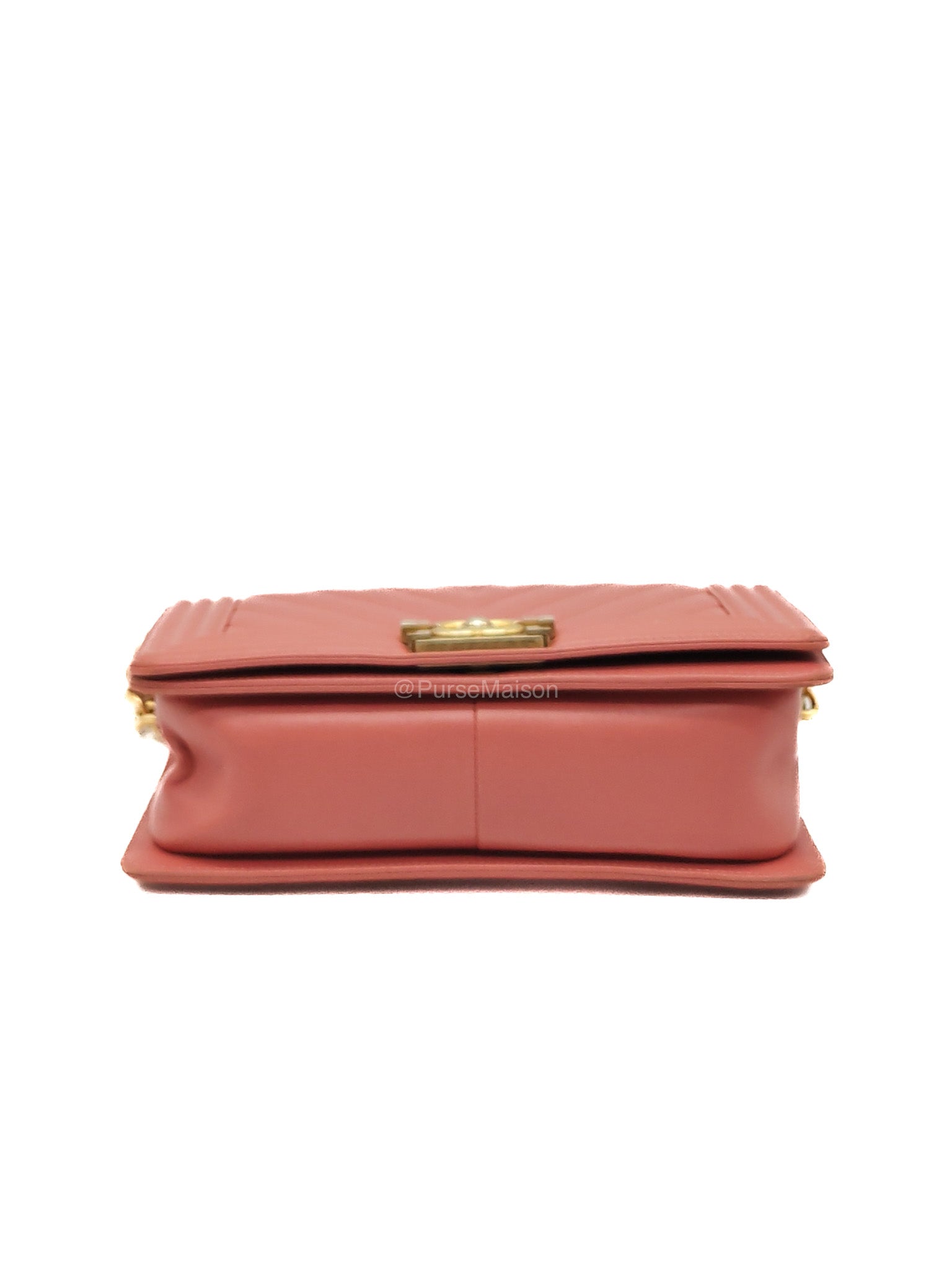 Chanel Boy Old Medium in Salmon Pink Chevron Calfskin Leather and Aged Gold Hardware Series 28 | Purse Maison Luxury Bags Shop