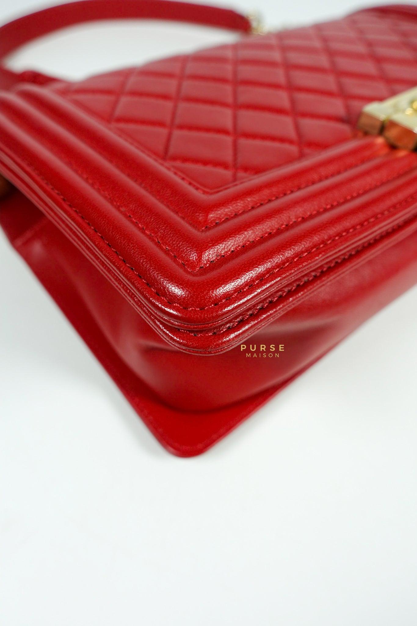 Chanel Boy Red Old Medium in Lambskin and Aged Gold Hardware Series 23