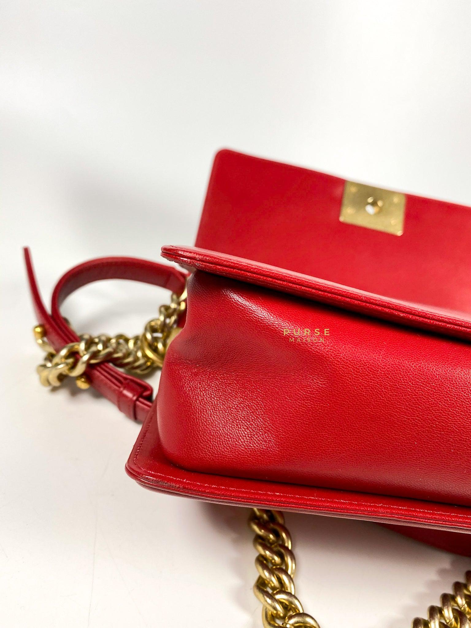 Chanel Boy Red Old Medium in Lambskin and Aged Gold Hardware Series 23