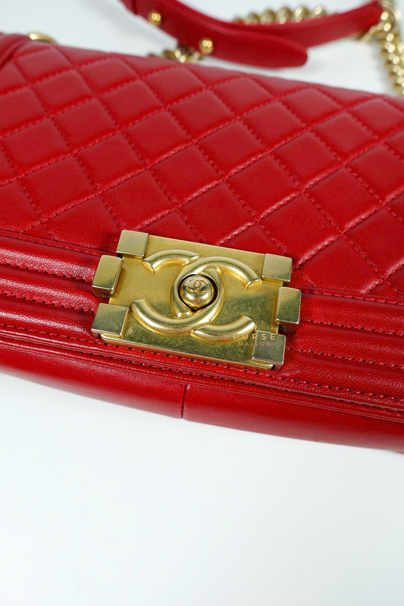 Chanel Boy Red Old Medium in Lambskin and Aged Gold Hardware Series 23
