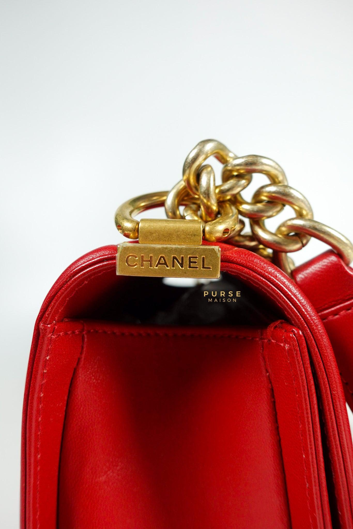 Chanel Boy Red Old Medium in Lambskin and Aged Gold Hardware Series 23