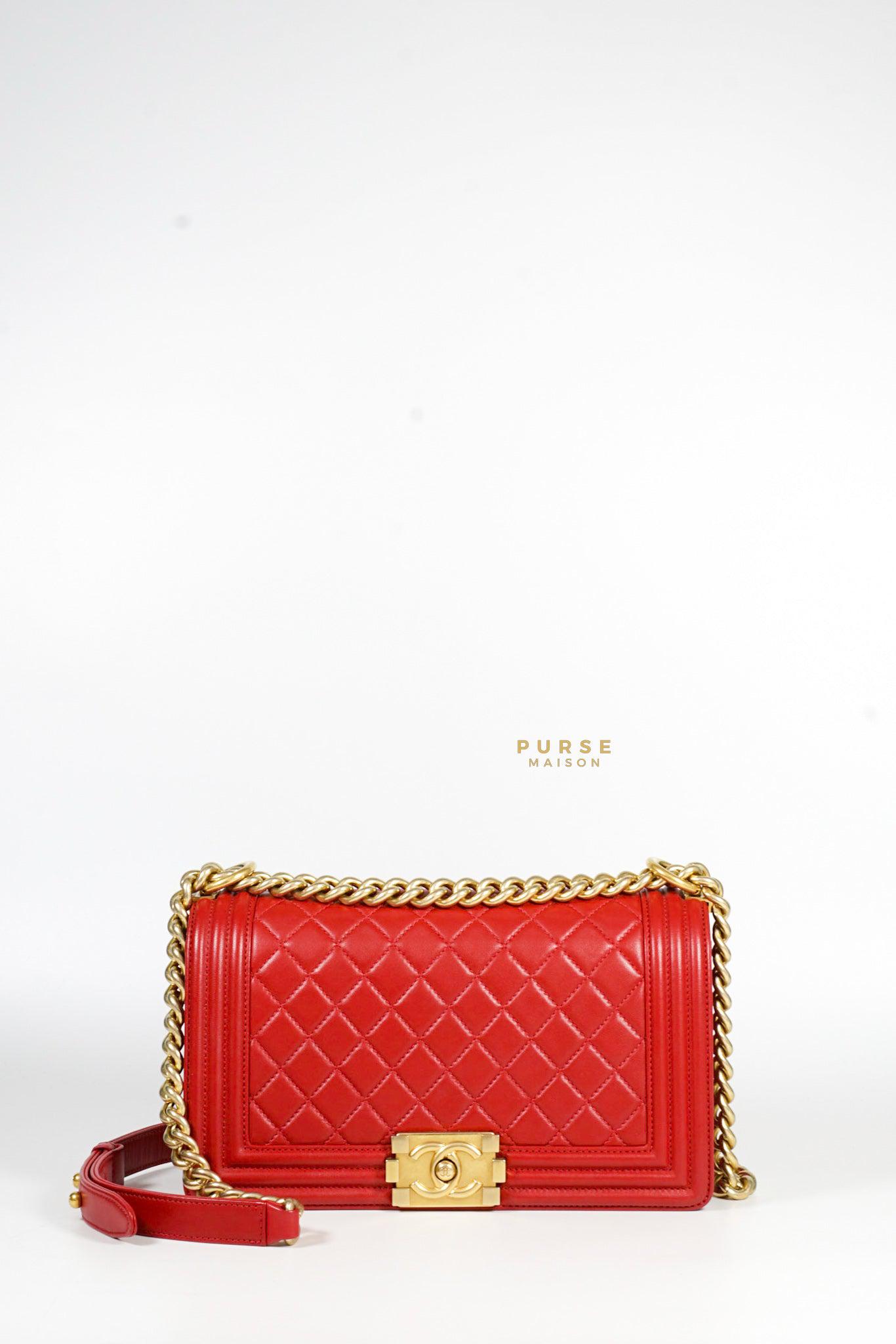 Chanel Boy Red Old Medium in Lambskin and Aged Gold Hardware Series 23