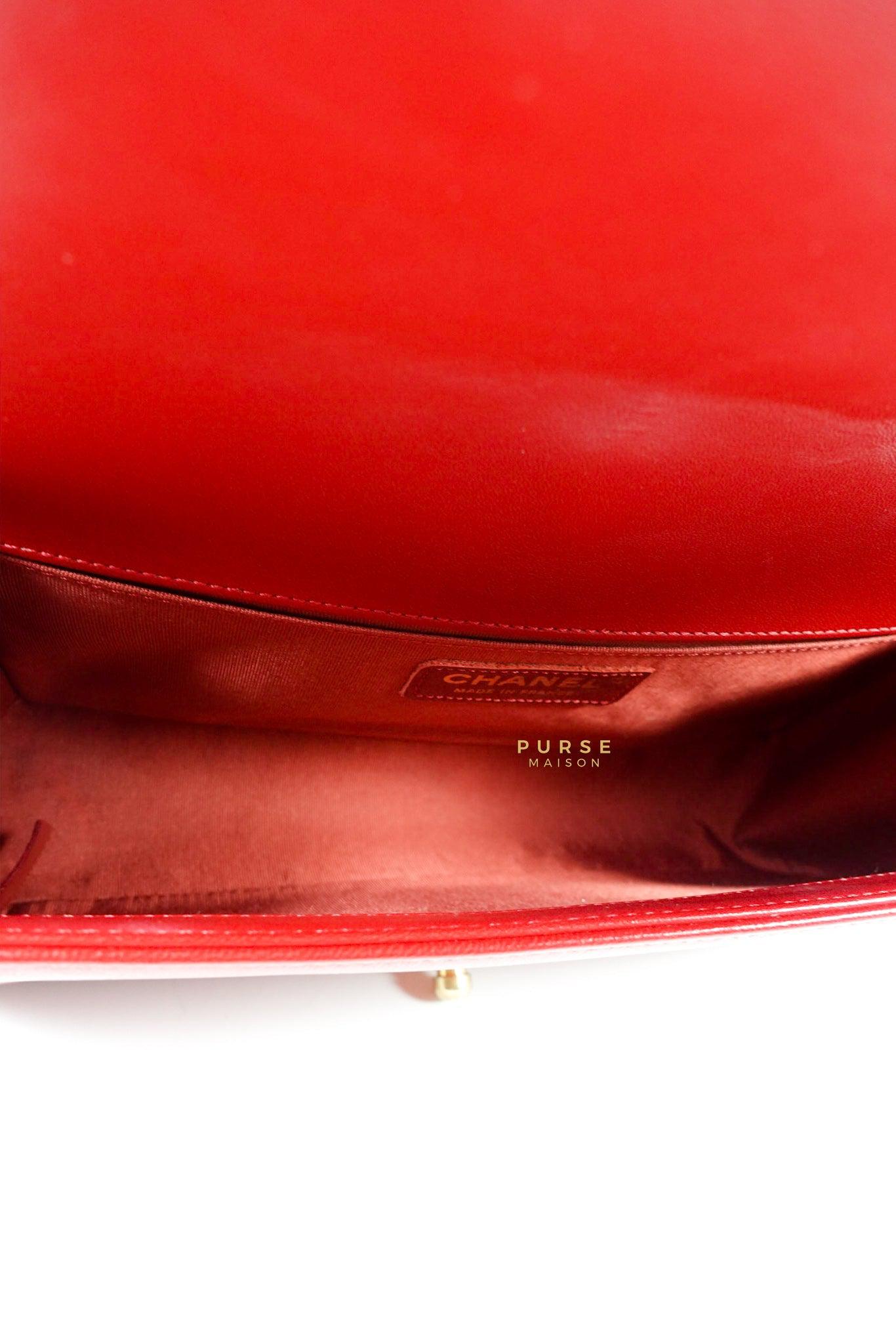 Chanel Boy Red Old Medium in Lambskin and Aged Gold Hardware Series 23
