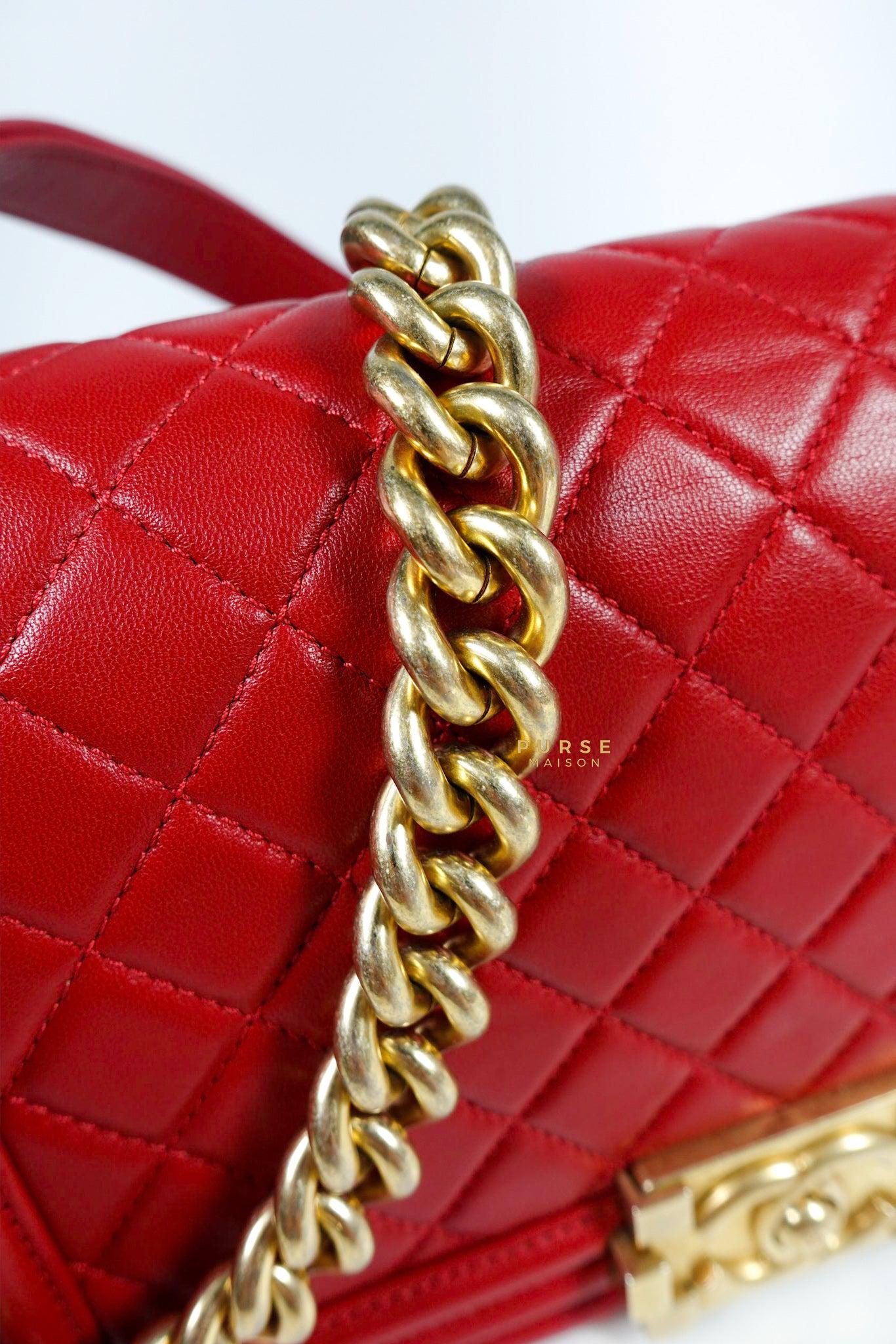 Chanel Boy Red Old Medium in Lambskin and Aged Gold Hardware Series 23