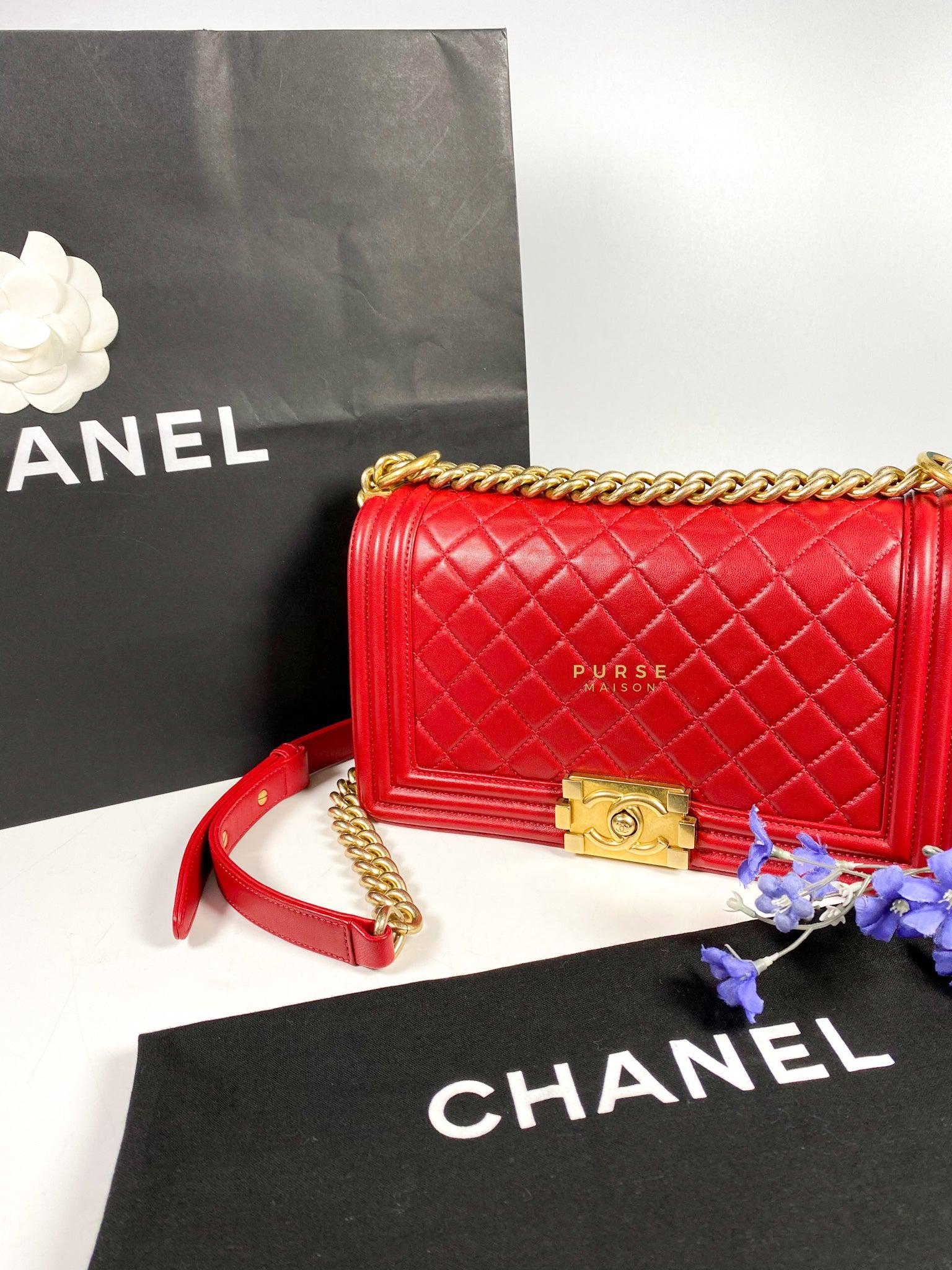 Chanel Boy Red Old Medium in Lambskin and Aged Gold Hardware Series 23