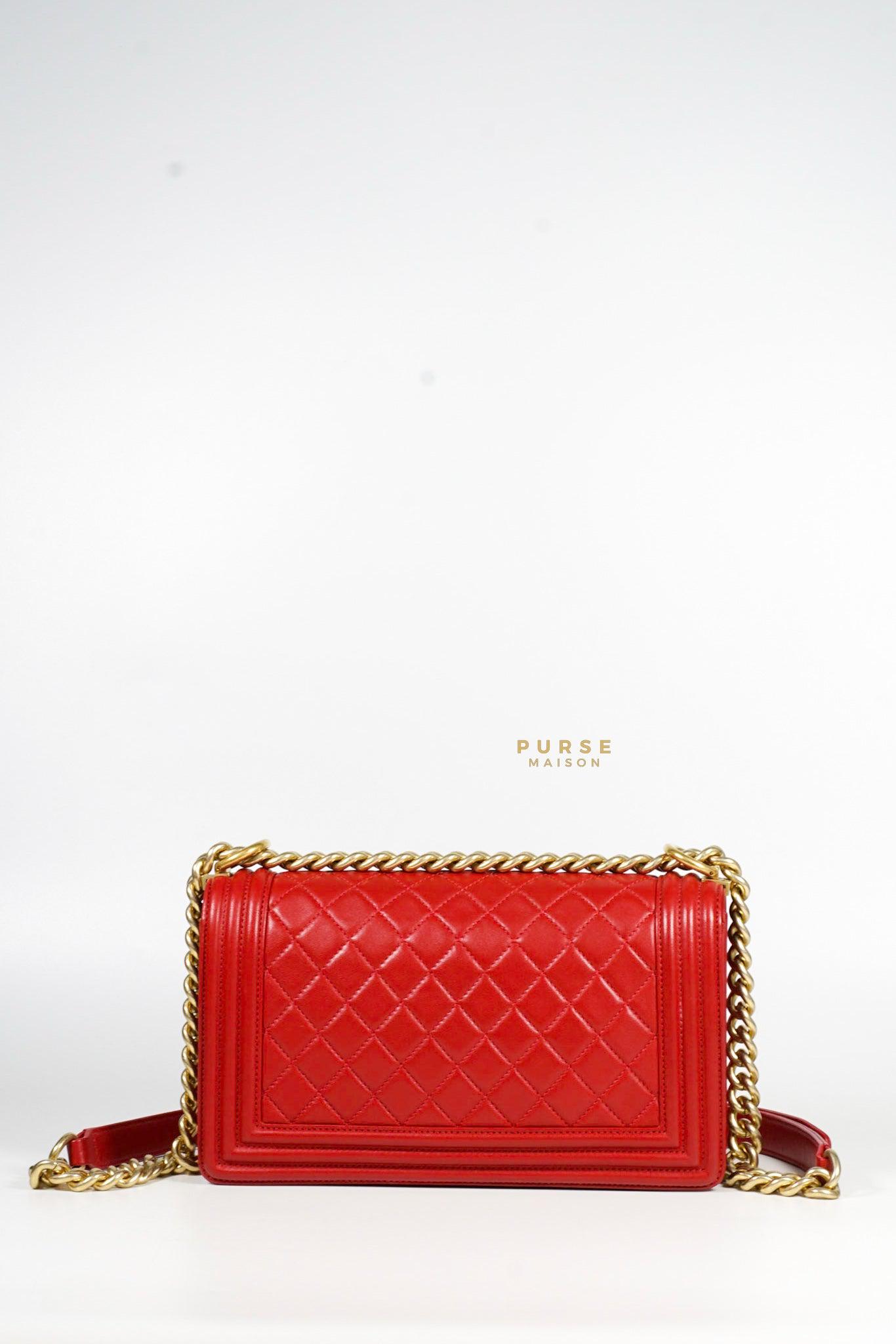 Chanel Boy Red Old Medium in Lambskin and Aged Gold Hardware Series 23