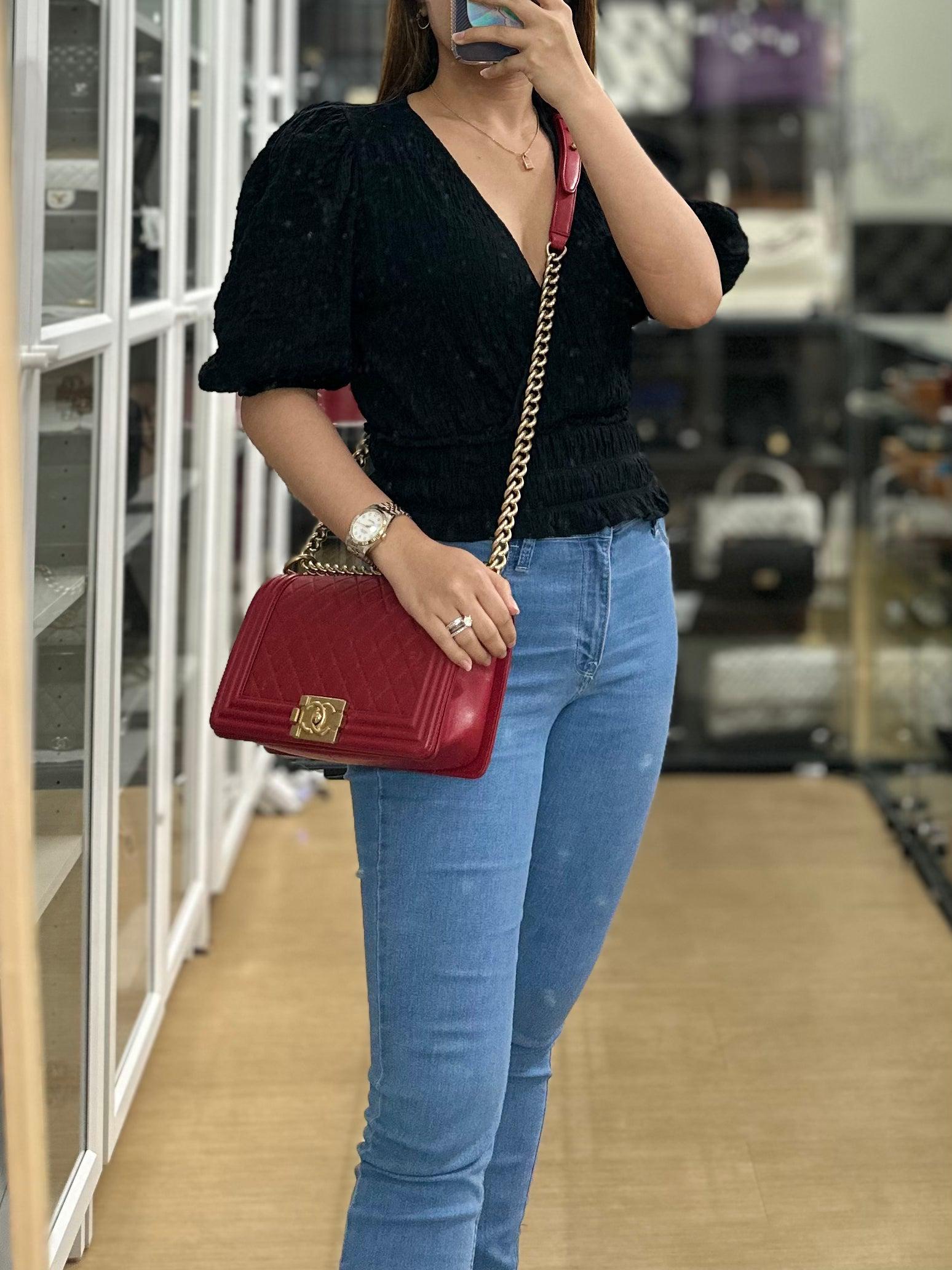 Chanel Boy Red Old Medium in Lambskin and Aged Gold Hardware Series 23