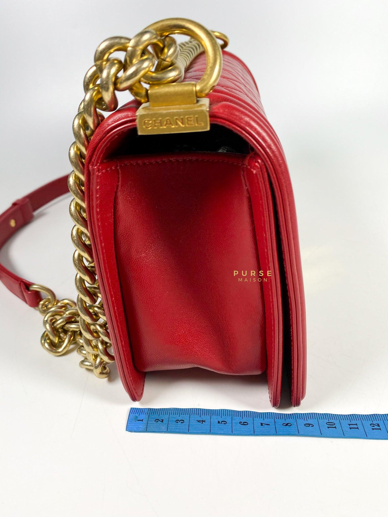Chanel Boy Red Old Medium in Lambskin and Aged Gold Hardware Series 23