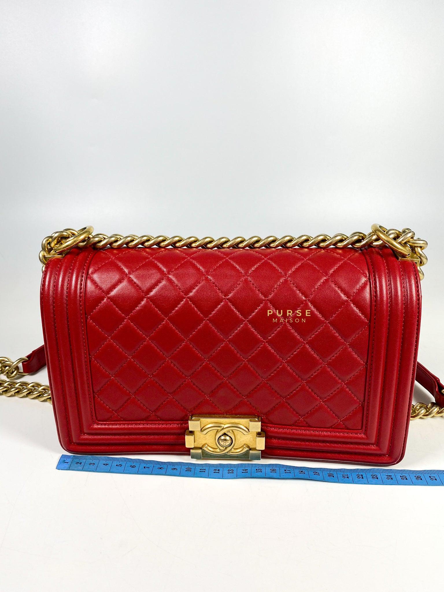 Chanel Boy Red Old Medium in Lambskin and Aged Gold Hardware Series 23