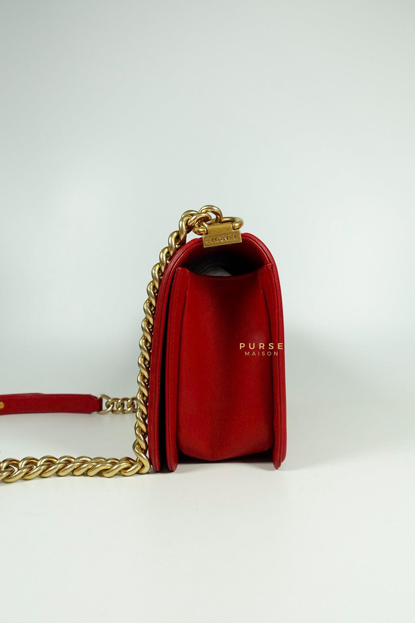 Chanel Boy Red Old Medium in Lambskin and Aged Gold Hardware Series 23