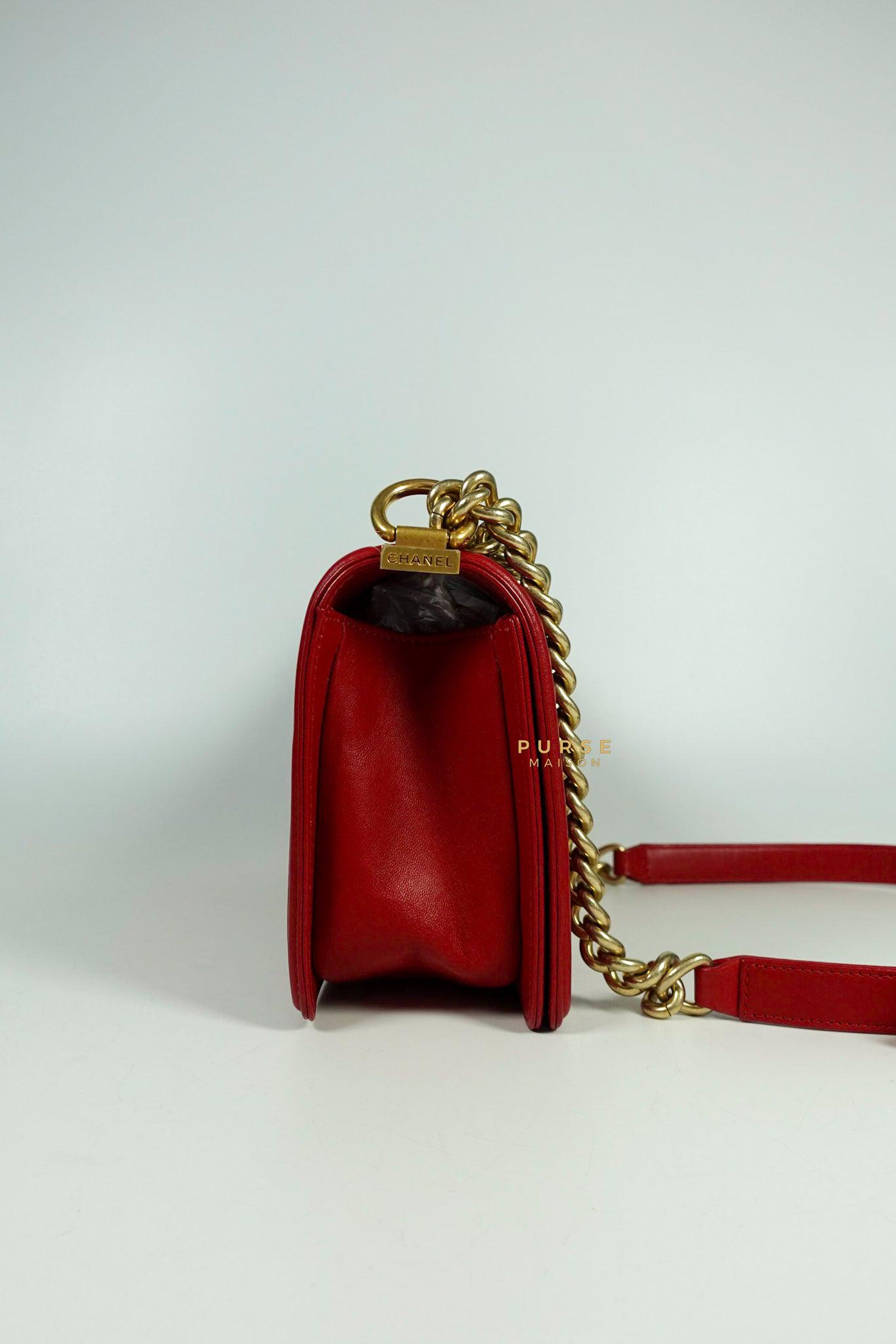 Chanel Boy Red Old Medium in Lambskin and Aged Gold Hardware Series 23