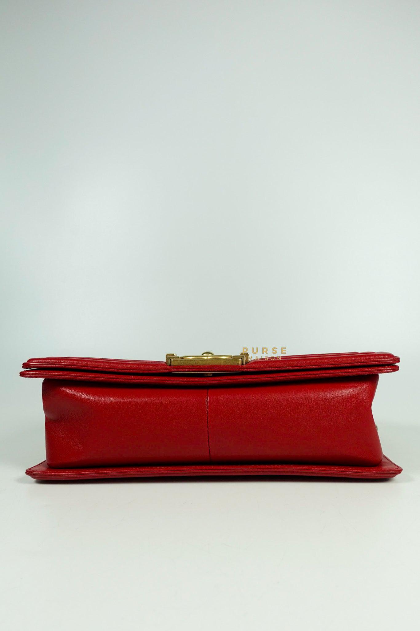 Chanel Boy Red Old Medium in Lambskin and Aged Gold Hardware Series 23