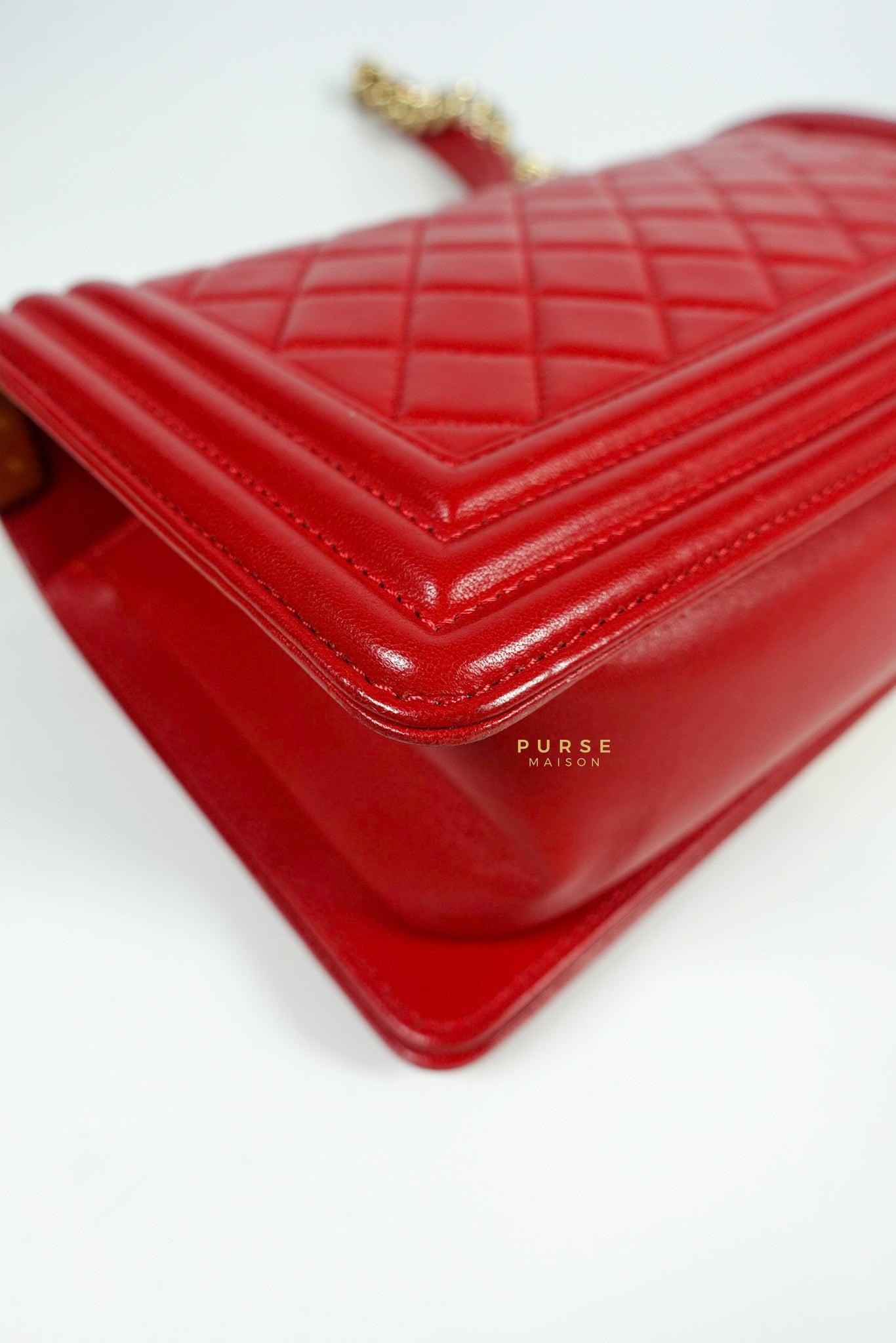 Chanel Boy Red Old Medium in Lambskin and Aged Gold Hardware Series 23