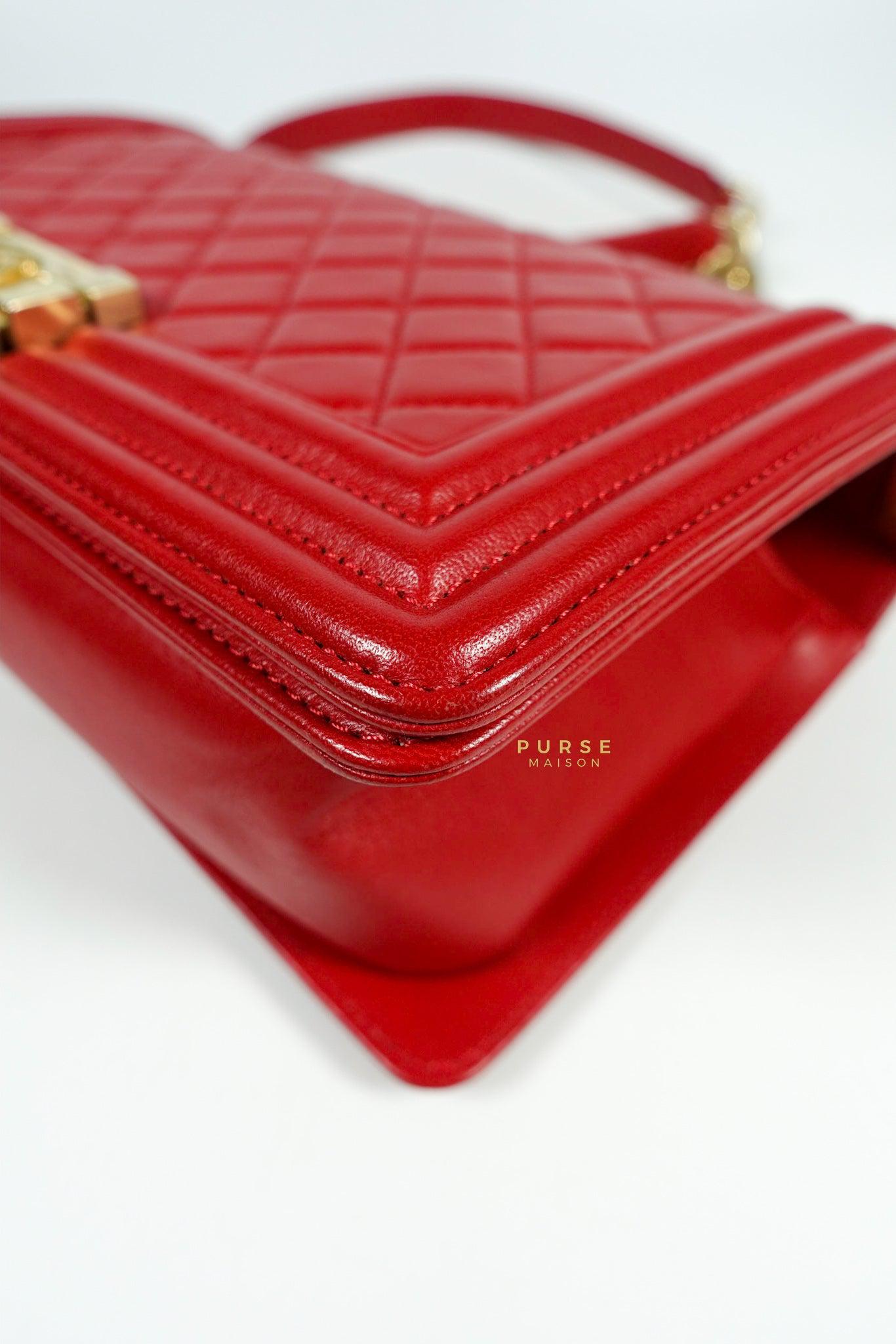 Chanel Boy Red Old Medium in Lambskin and Aged Gold Hardware Series 23