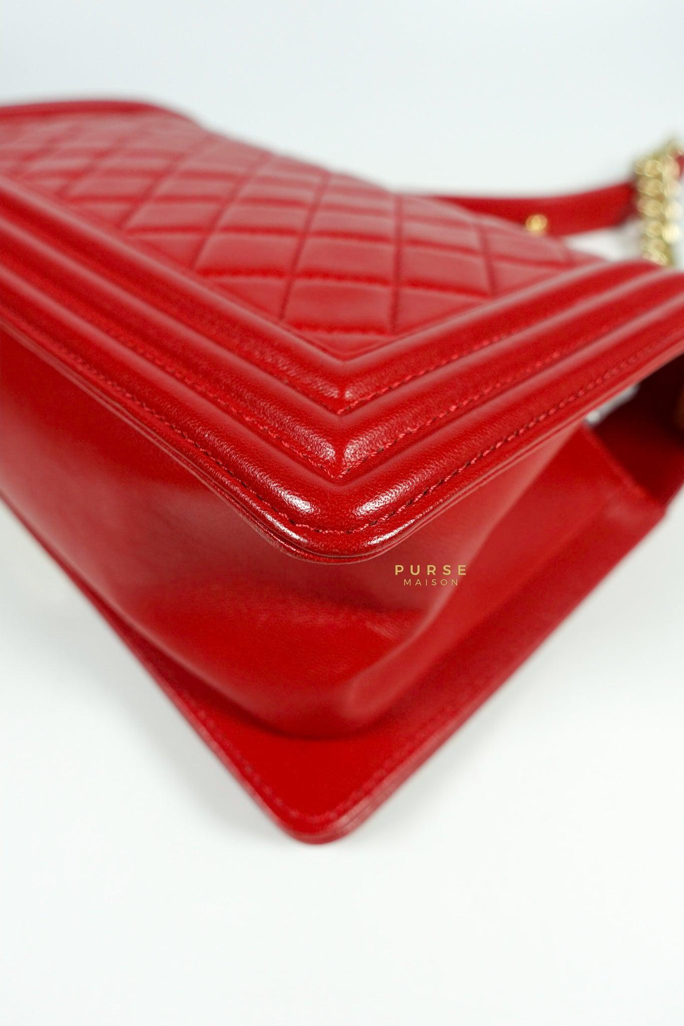 Chanel Boy Red Old Medium in Lambskin and Aged Gold Hardware Series 23