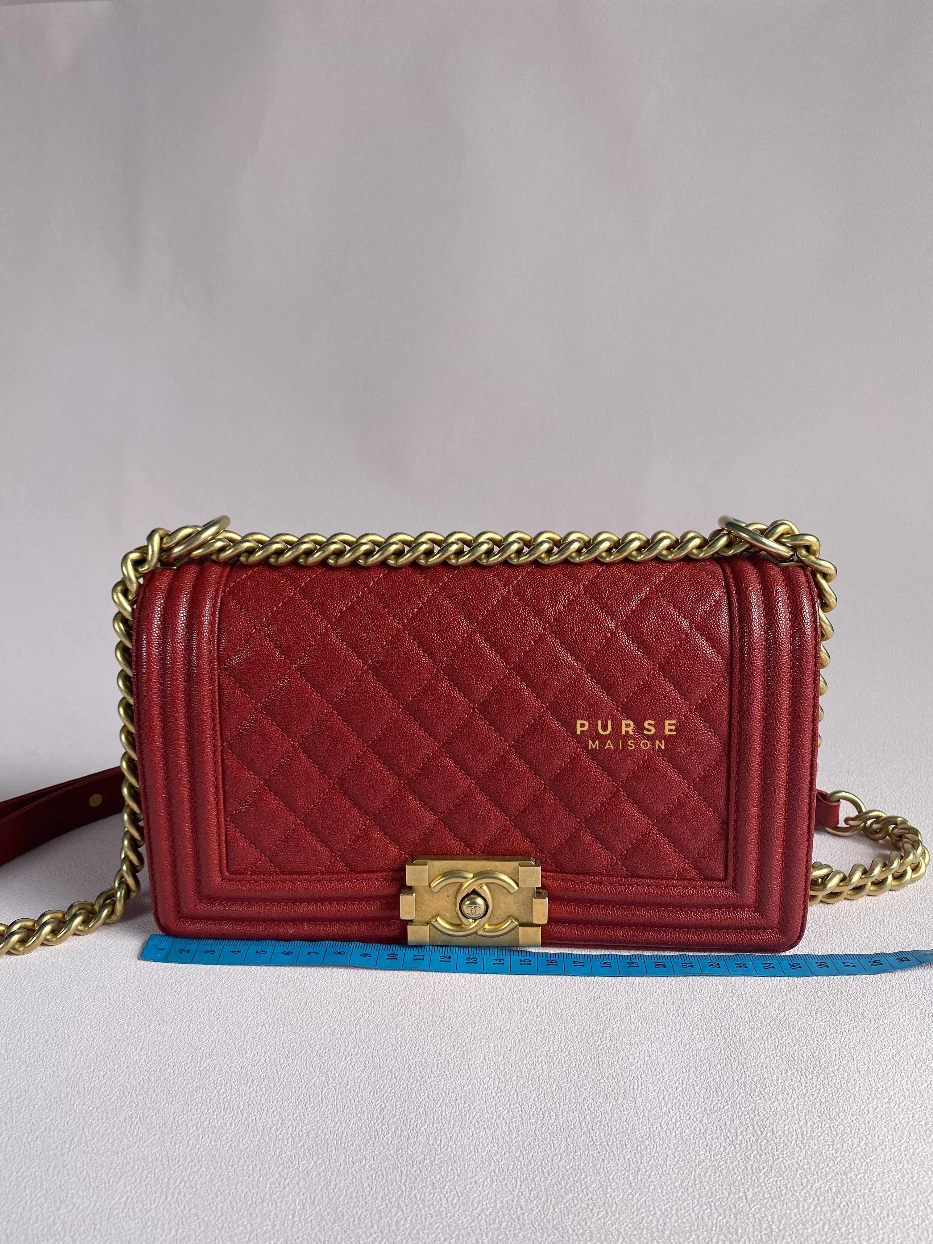 Chanel Boy Red Old Medium in Quilted Caviar and Aged Gold Hardware Series 28 | Purse Maison Luxury Bags Shop
