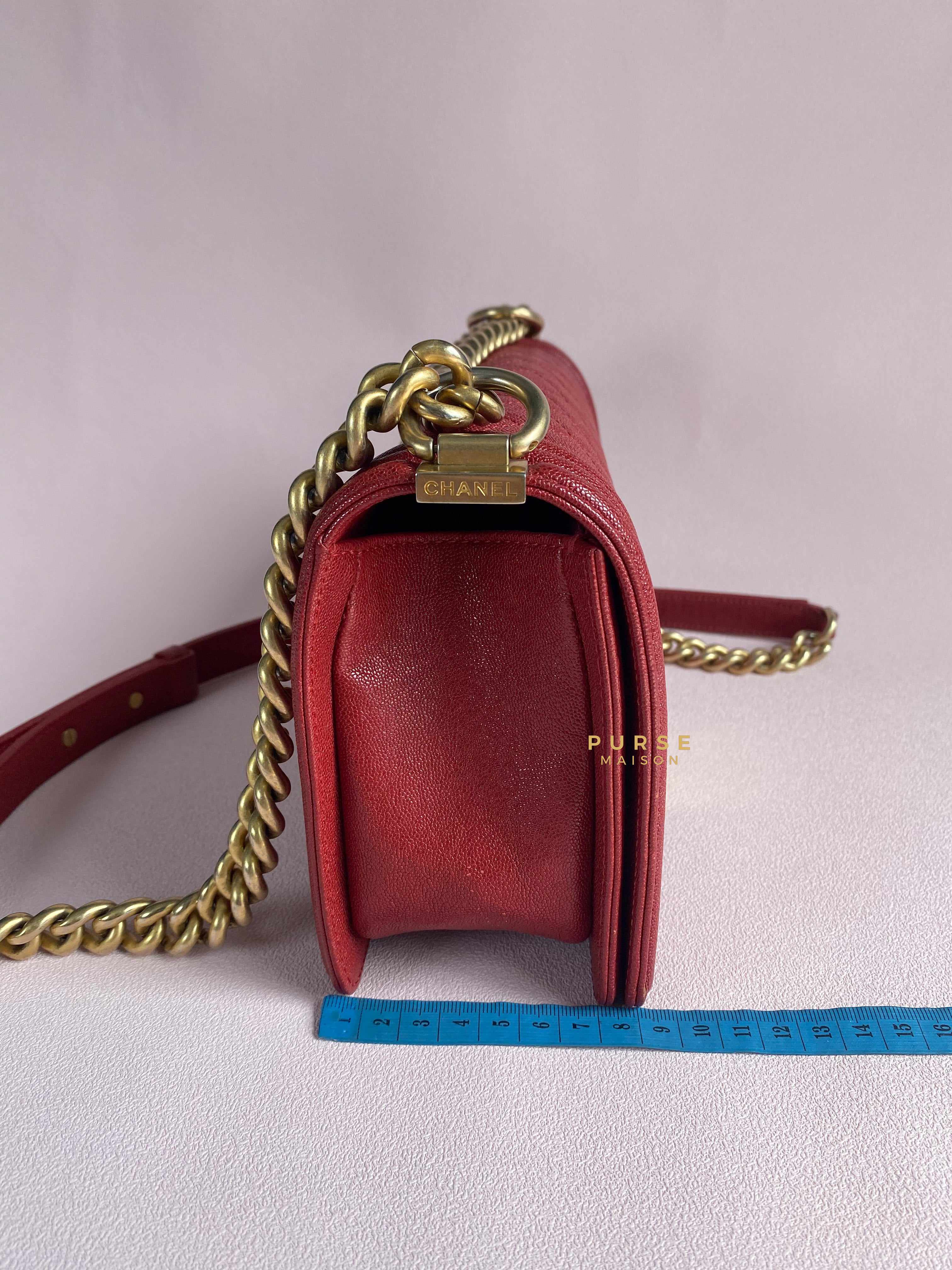 Chanel Boy Red Old Medium in Quilted Caviar and Aged Gold Hardware Series 28 | Purse Maison Luxury Bags Shop