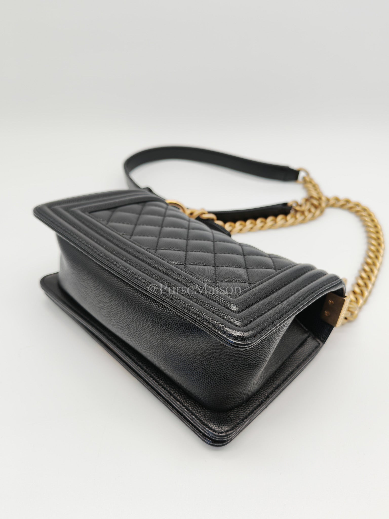 Boy Small in Black Quilted Calfskin Leather and Aged Gold Hardware (Microchip) | Purse Maison Luxury Bags Shop