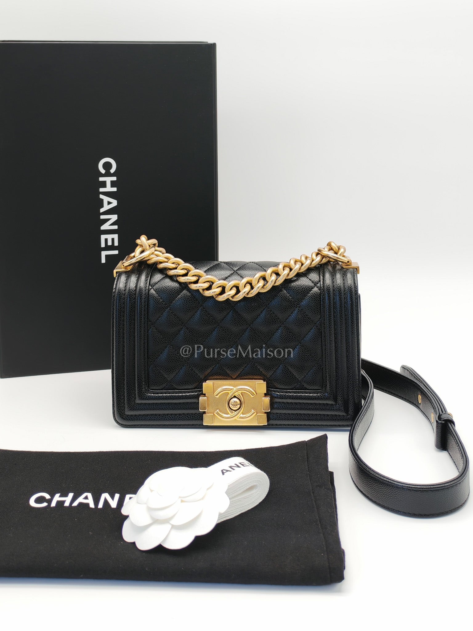 Boy Small in Black Quilted Calfskin Leather and Aged Gold Hardware (Microchip) | Purse Maison Luxury Bags Shop