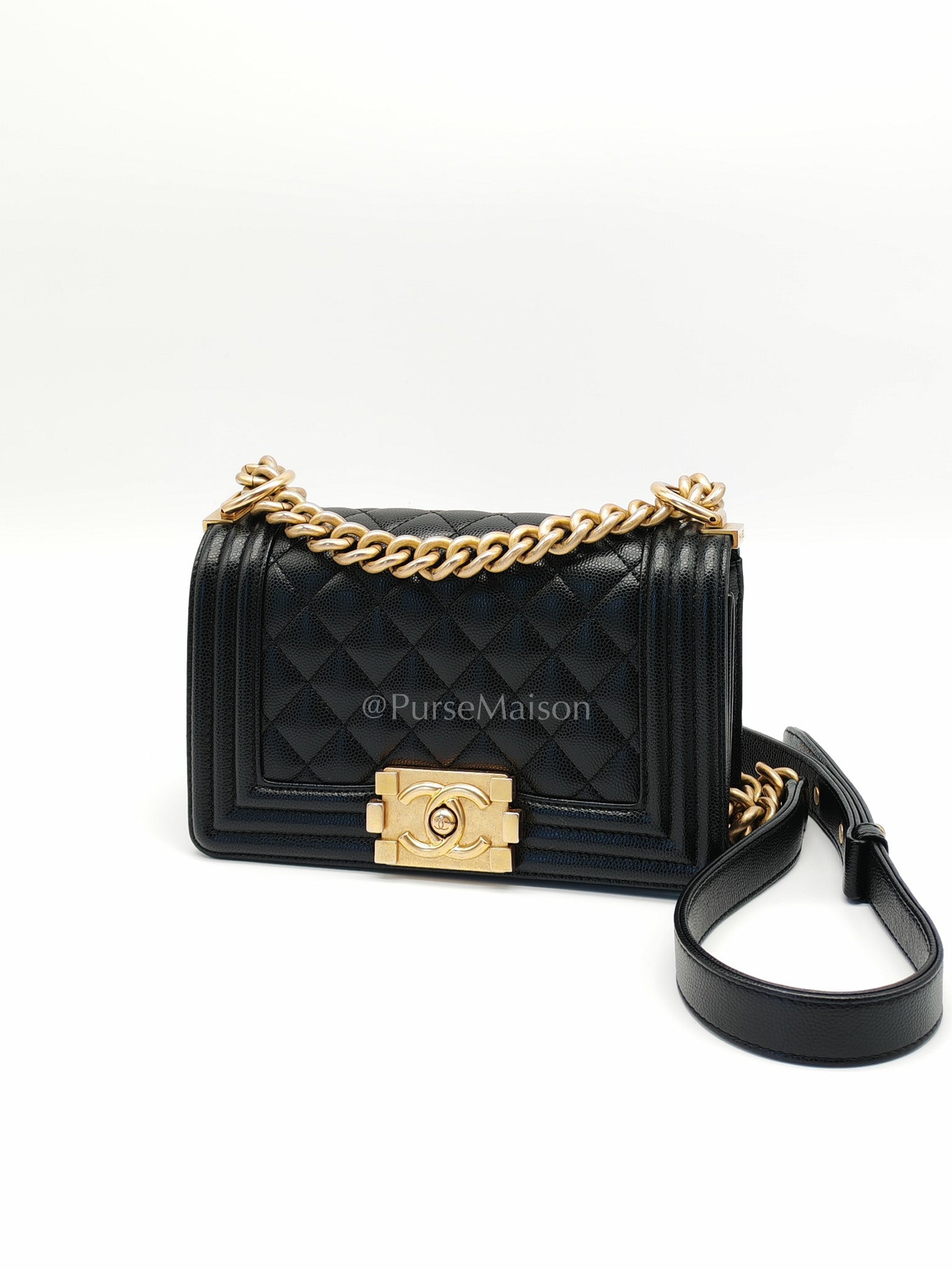 Boy Small in Black Quilted Calfskin Leather and Aged Gold Hardware (Microchip) | Purse Maison Luxury Bags Shop