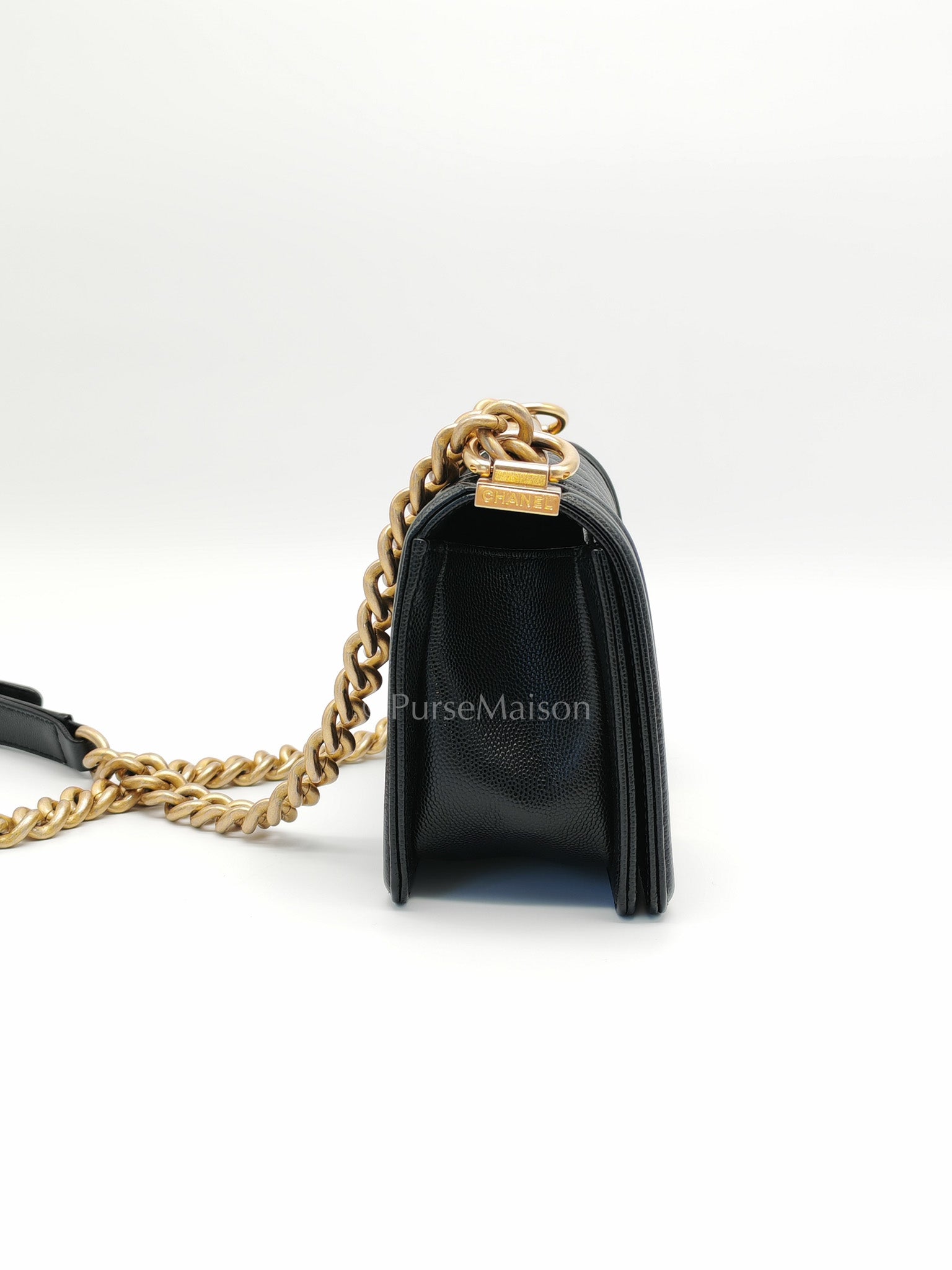 Boy Small in Black Quilted Calfskin Leather and Aged Gold Hardware (Microchip) | Purse Maison Luxury Bags Shop