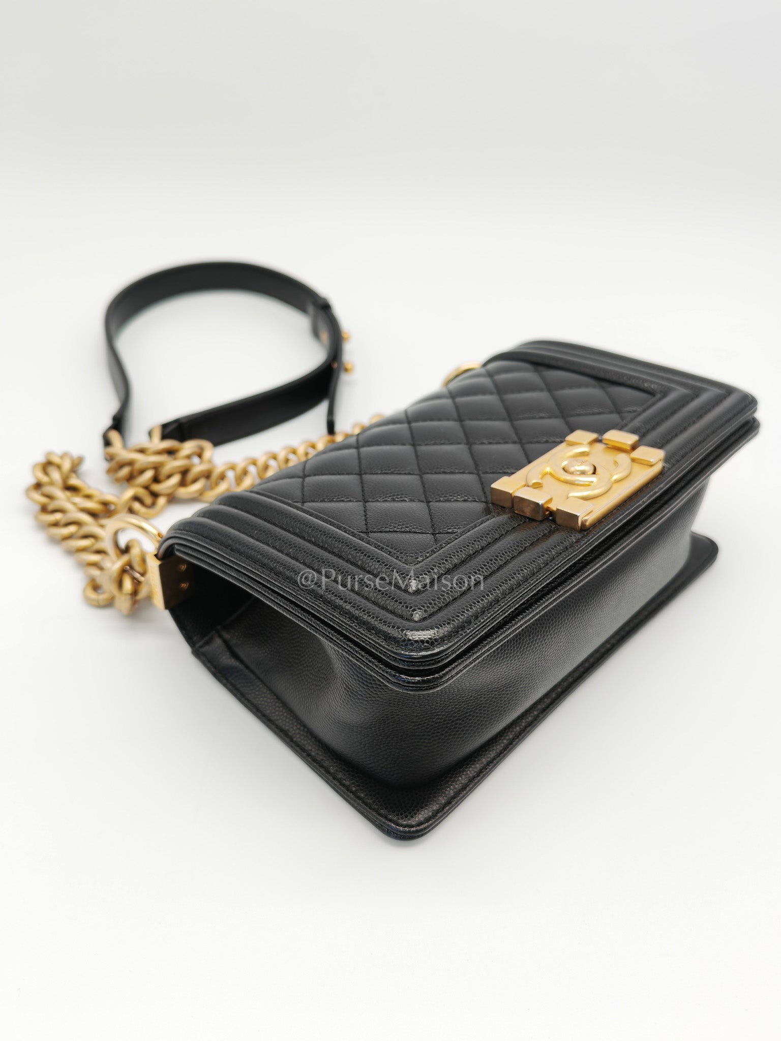 Boy Small in Black Quilted Calfskin Leather and Aged Gold Hardware (Microchip) | Purse Maison Luxury Bags Shop