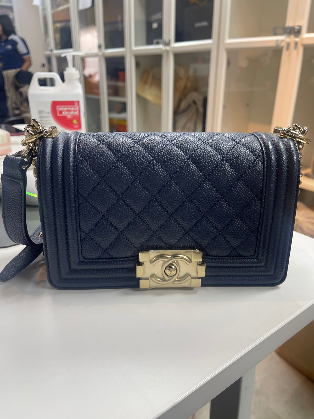 Chanel Boy Small in Navy Blue Quilted Caviar Leather and Light Gold Hardware Series 28 | Purse Maison Luxury Bags Shop