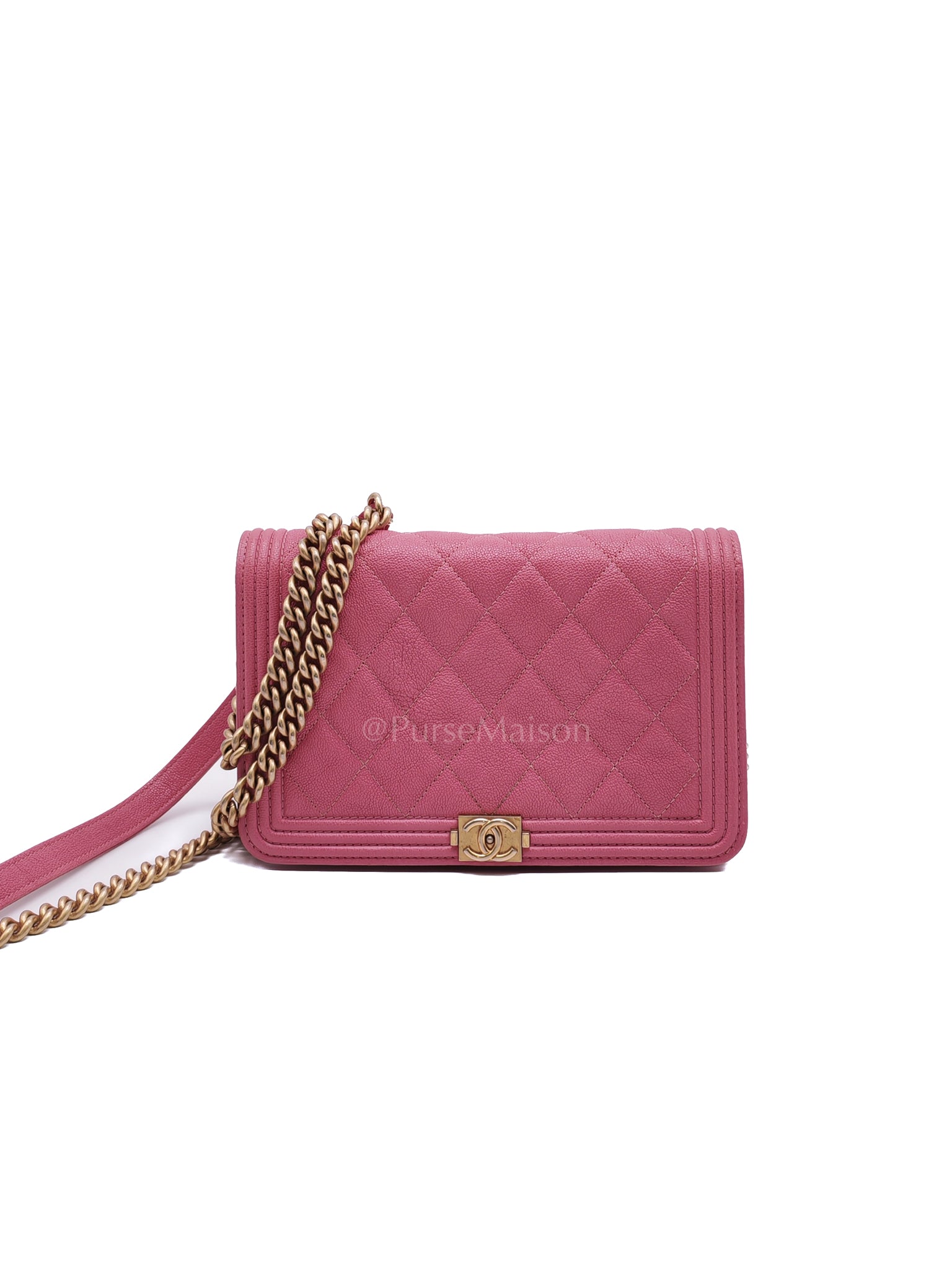 Boy Wallet On Chain (WOC) in Pink Calfskin Leather and Aged Gold Hardware Series 26 | Purse Maison Luxury Bags Shop