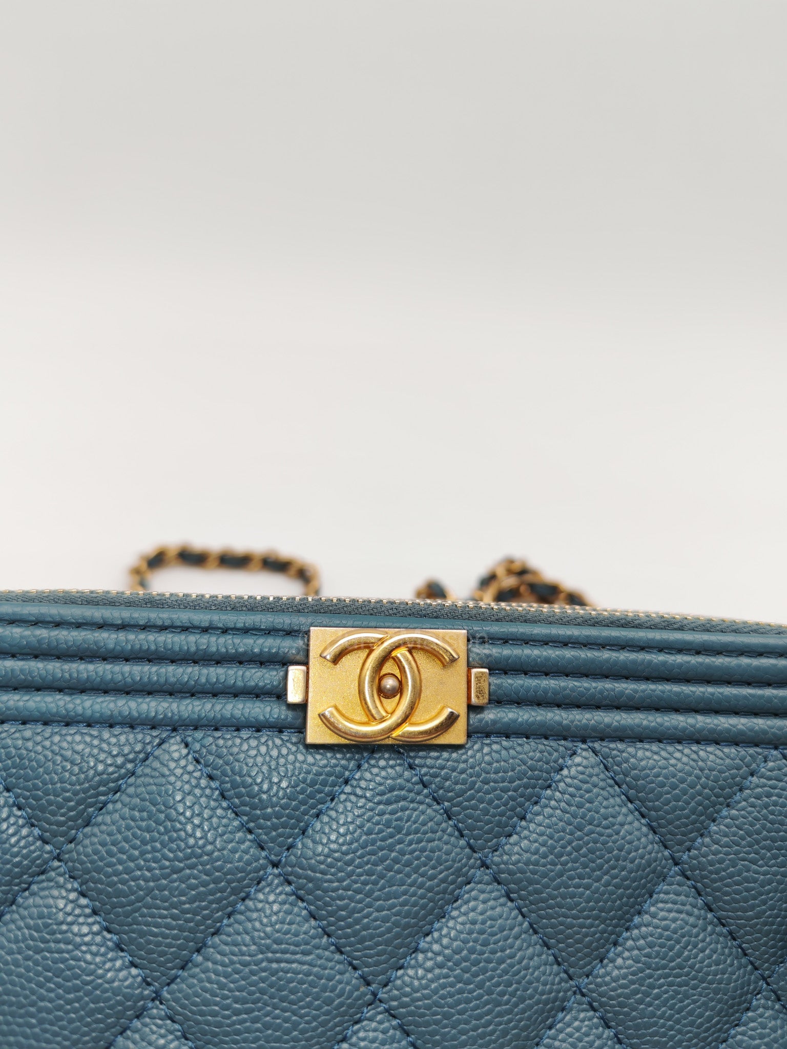 Chanel Boy Zipped Double Zip Around Wallet in Chain in Blue-gray Caviar Leather in Aged Gold Hardware (Series 25) | Purse Maison Luxury Bags Shop