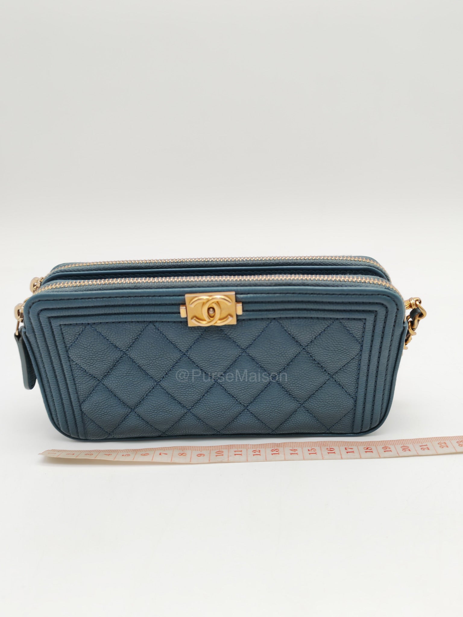 Chanel Boy Zipped Double Zip Around Wallet in Chain in Blue-gray Caviar Leather in Aged Gold Hardware (Series 25) | Purse Maison Luxury Bags Shop