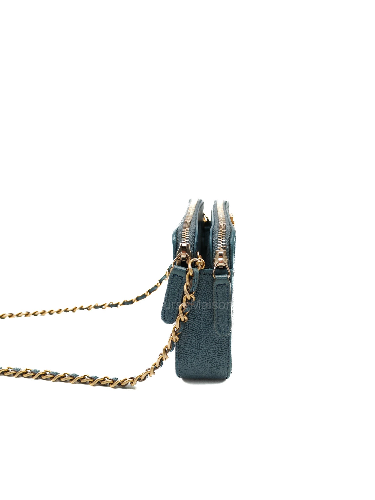 Chanel Boy Zipped Double Zip Around Wallet in Chain in Blue-gray Caviar Leather in Aged Gold Hardware (Series 25) | Purse Maison Luxury Bags Shop