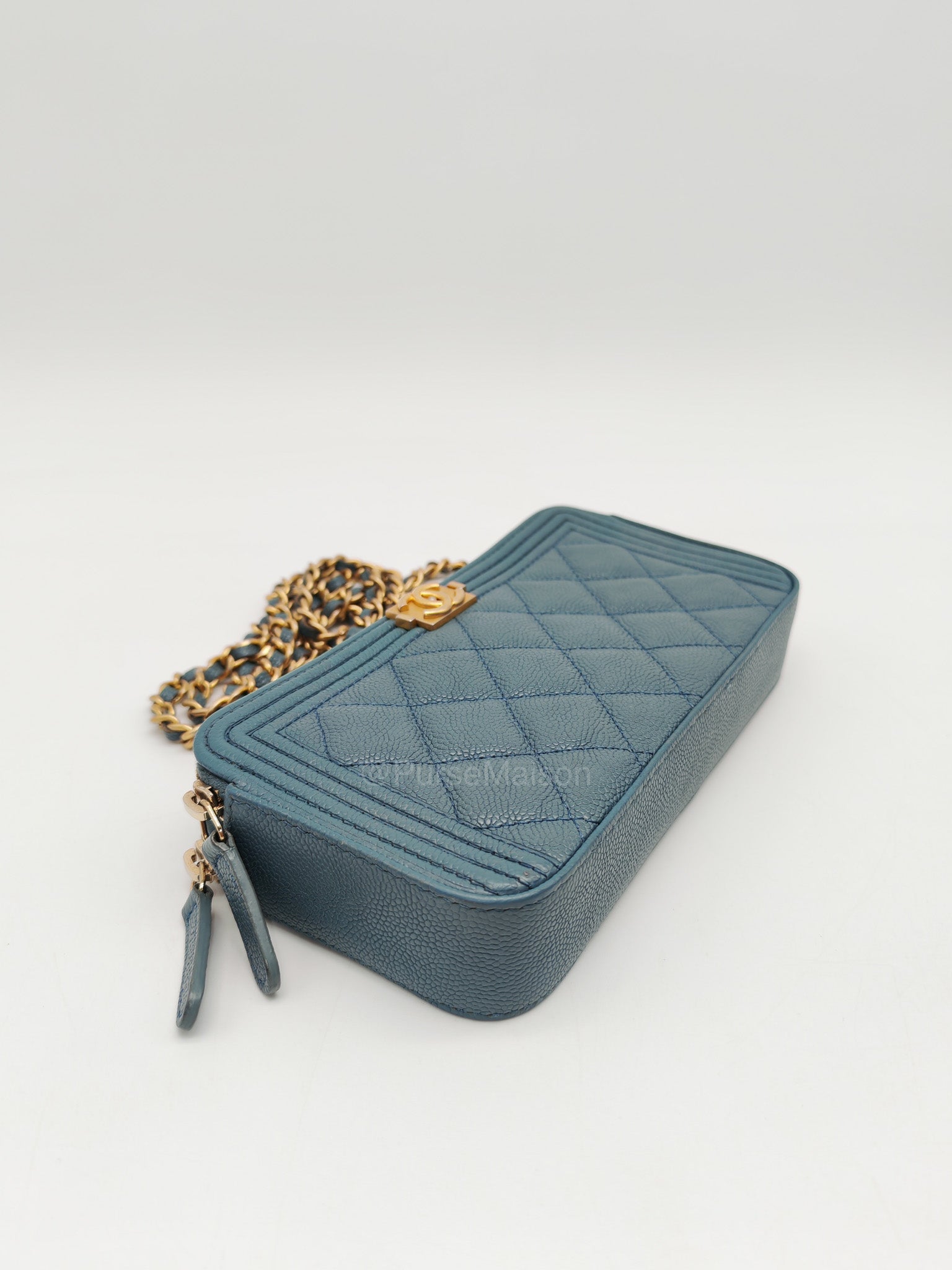 Chanel Boy Zipped Double Zip Around Wallet in Chain in Blue-gray Caviar Leather in Aged Gold Hardware (Series 25) | Purse Maison Luxury Bags Shop