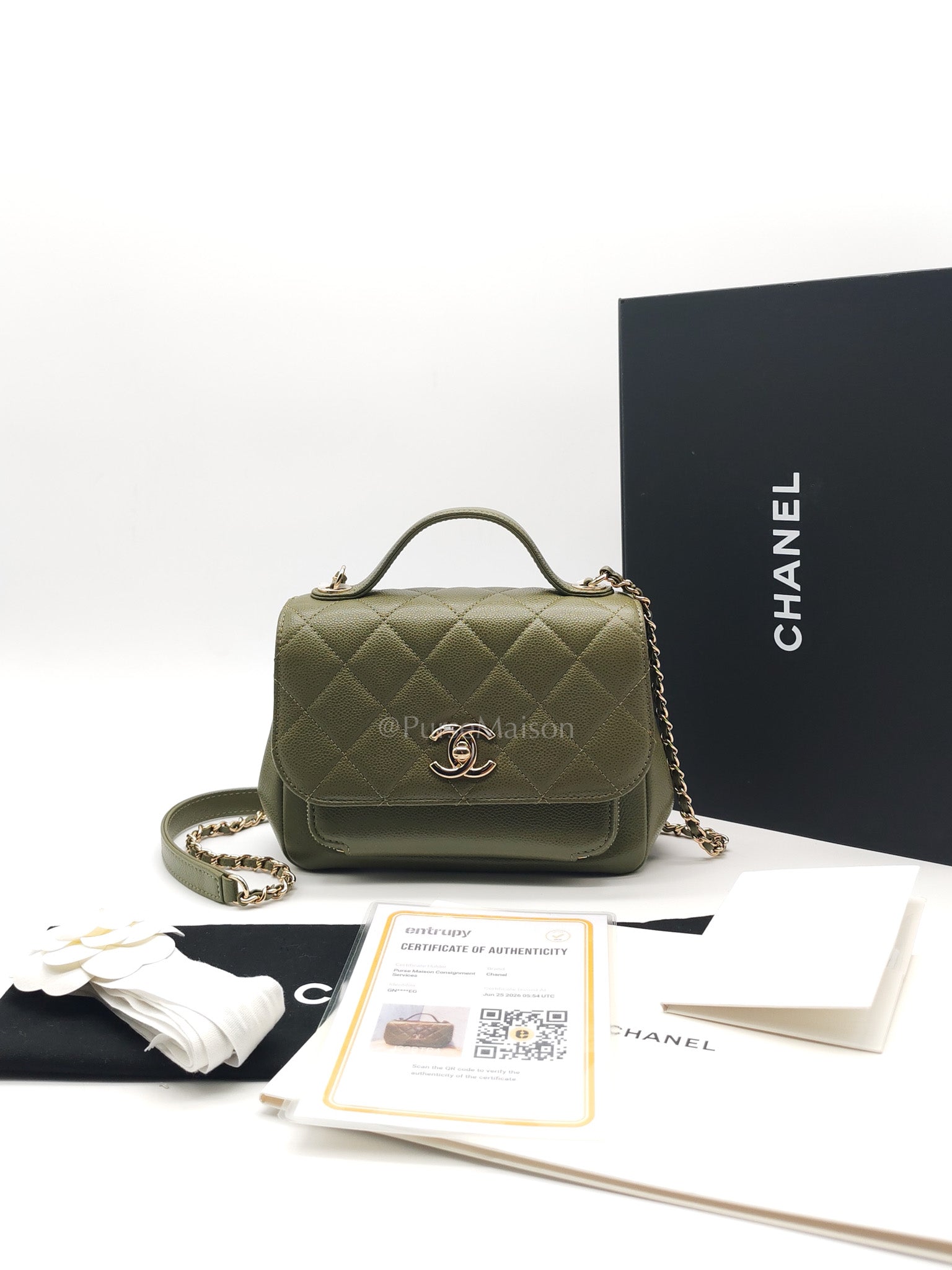 Business Affinity Bag in Sage Green Quilted Caviar Leather & Light Gold Hardware Microchip | Purse Maison Luxury Bags Shop